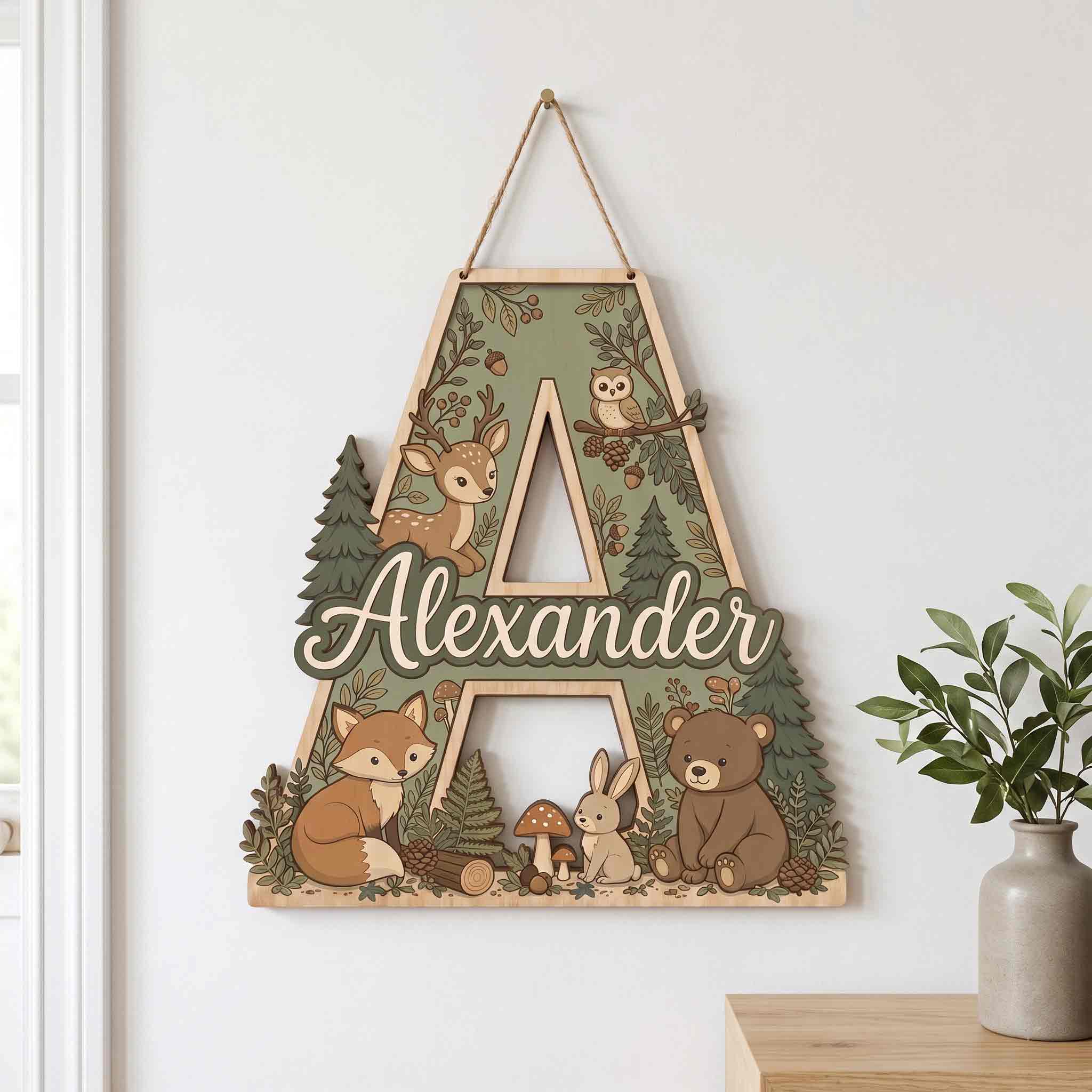Personalized Woodland Animals Nursery Name Sign Wooden Baby Room Decor