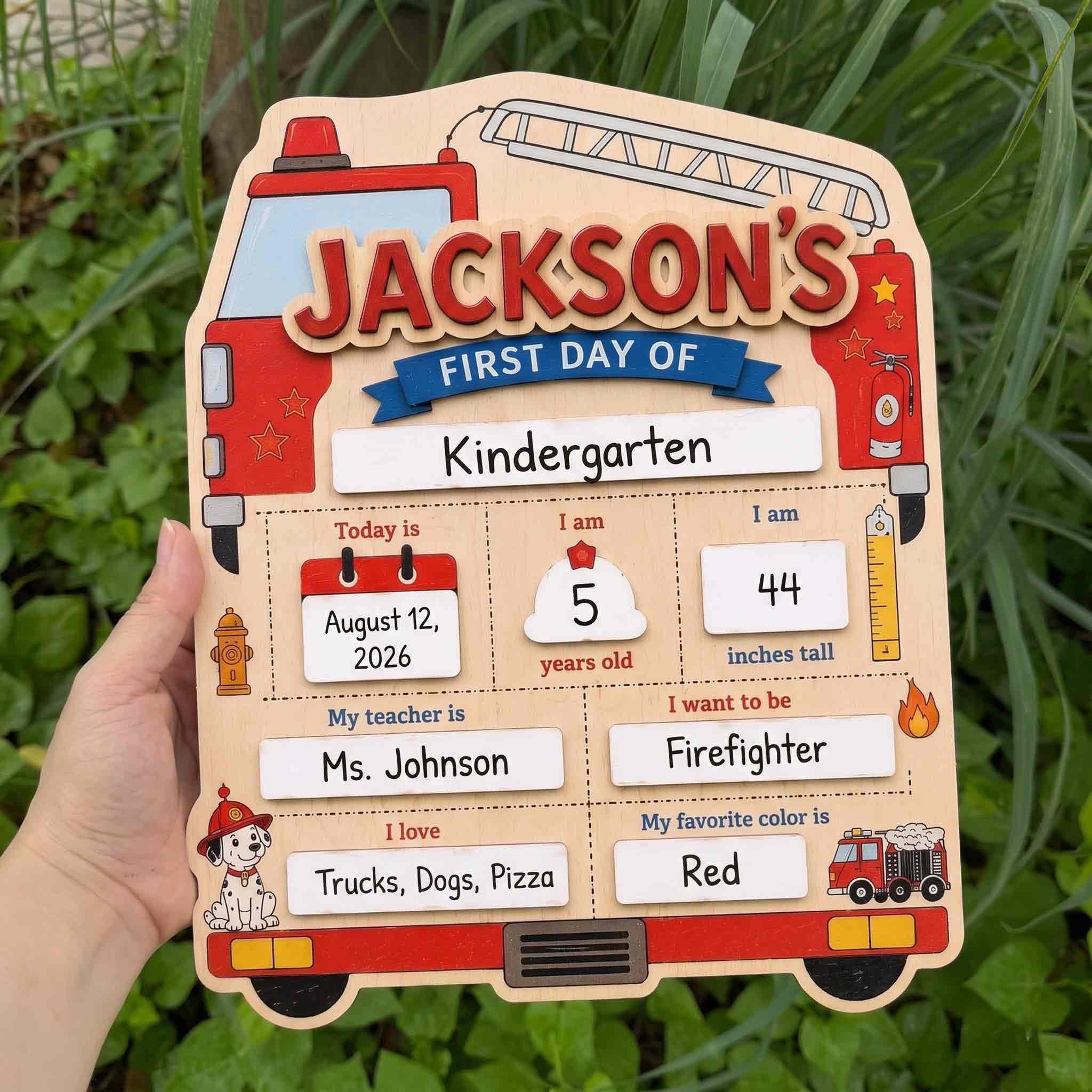 Personalized Firefighter Vehicle Theme First & Last Day School Sign, Reusable Dry Erase Board, Back to School Sign
