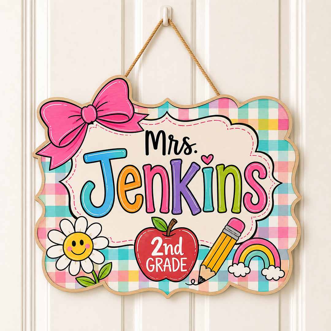 Personalized Teacher Name Wooden Sign Door Hanger Playful Welcome Classroom Sign Wooden Classroom Decor, Back to School Sign