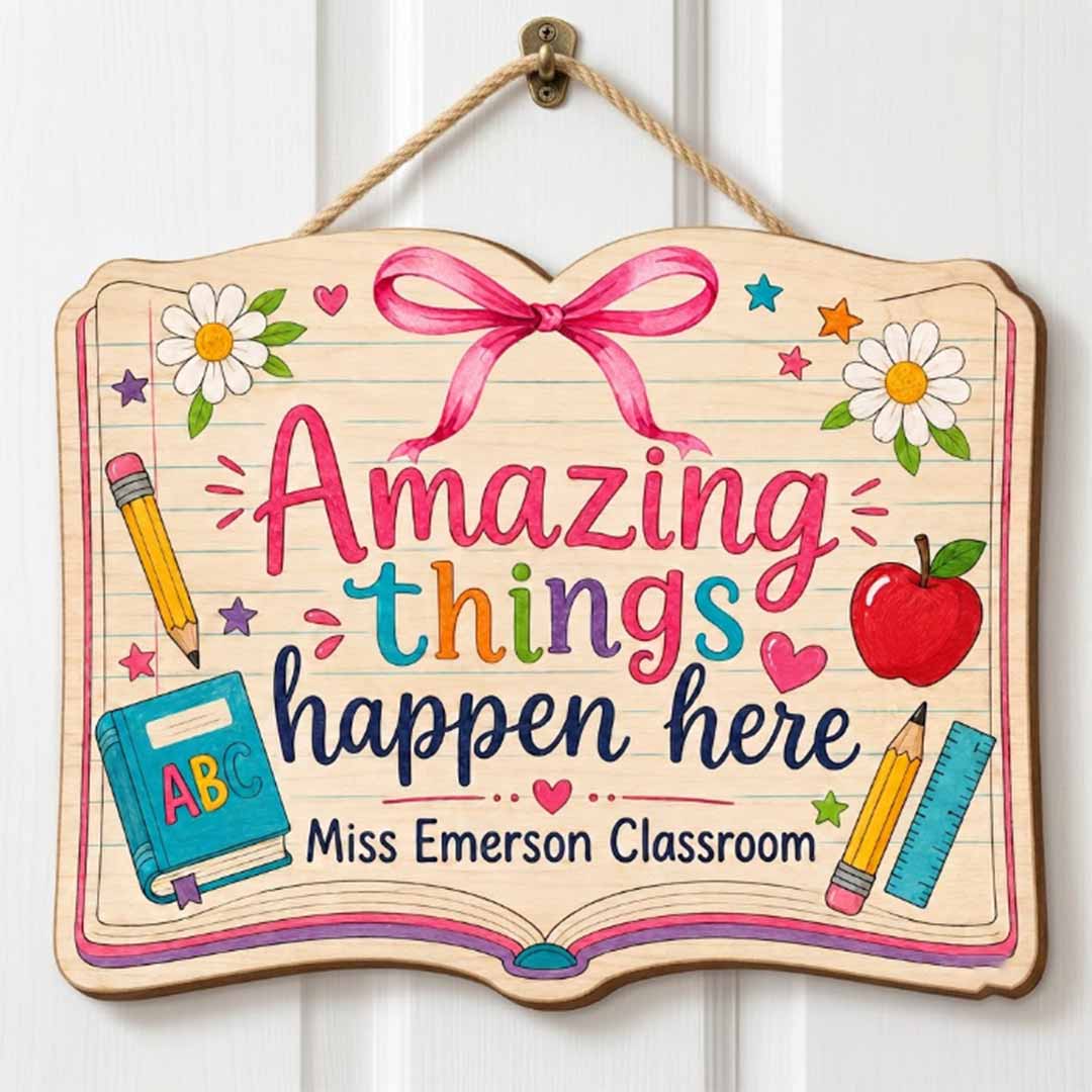 Personalized Teacher Name Wooden Sign Door Hanger Amazing Things Happen Here Wooden Classroom Decor, Back to School Sign