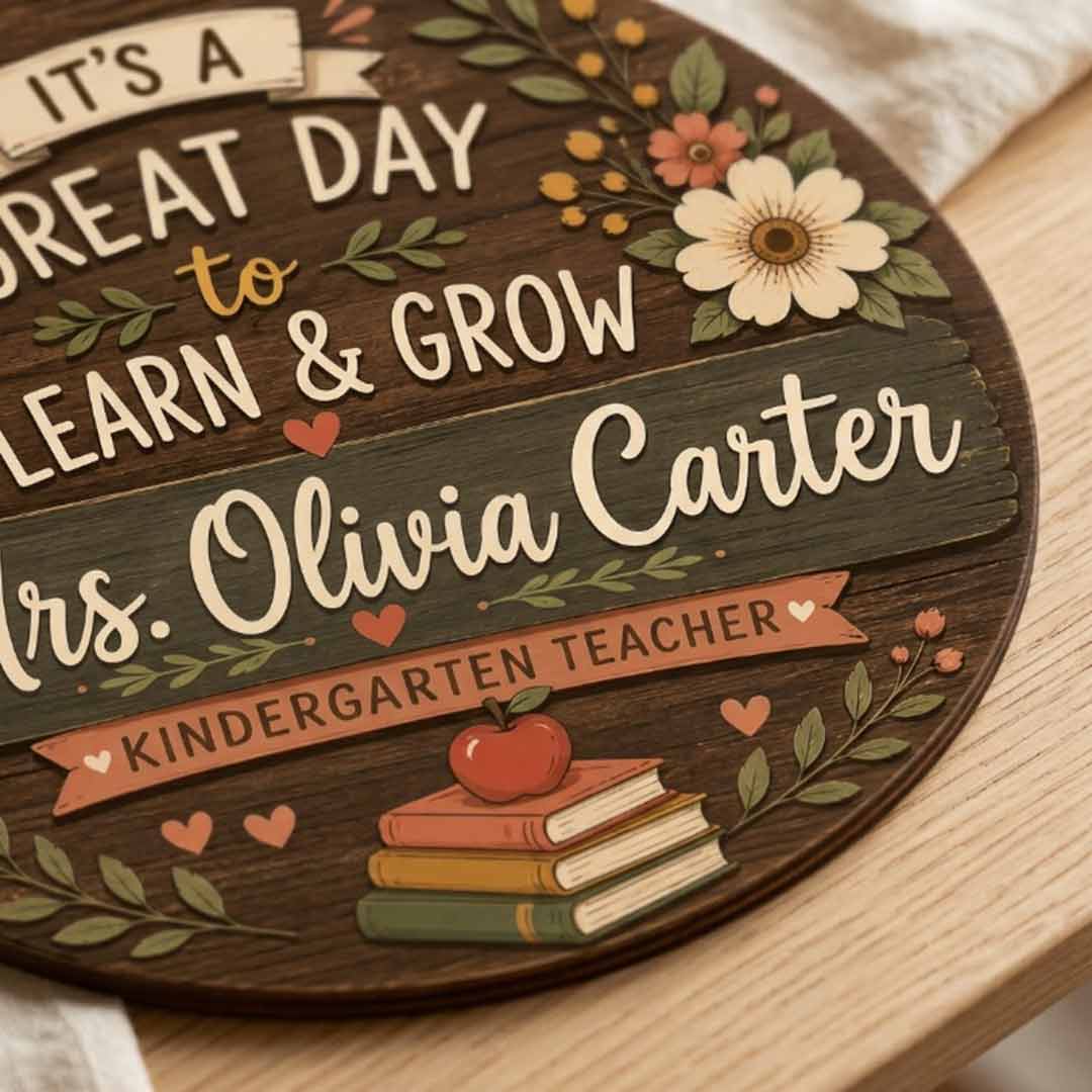 Personalized Teacher Name Wooden Sign Door Hanger Great Day To Learn & Grow Wooden Classroom Decor, Back to School Sign