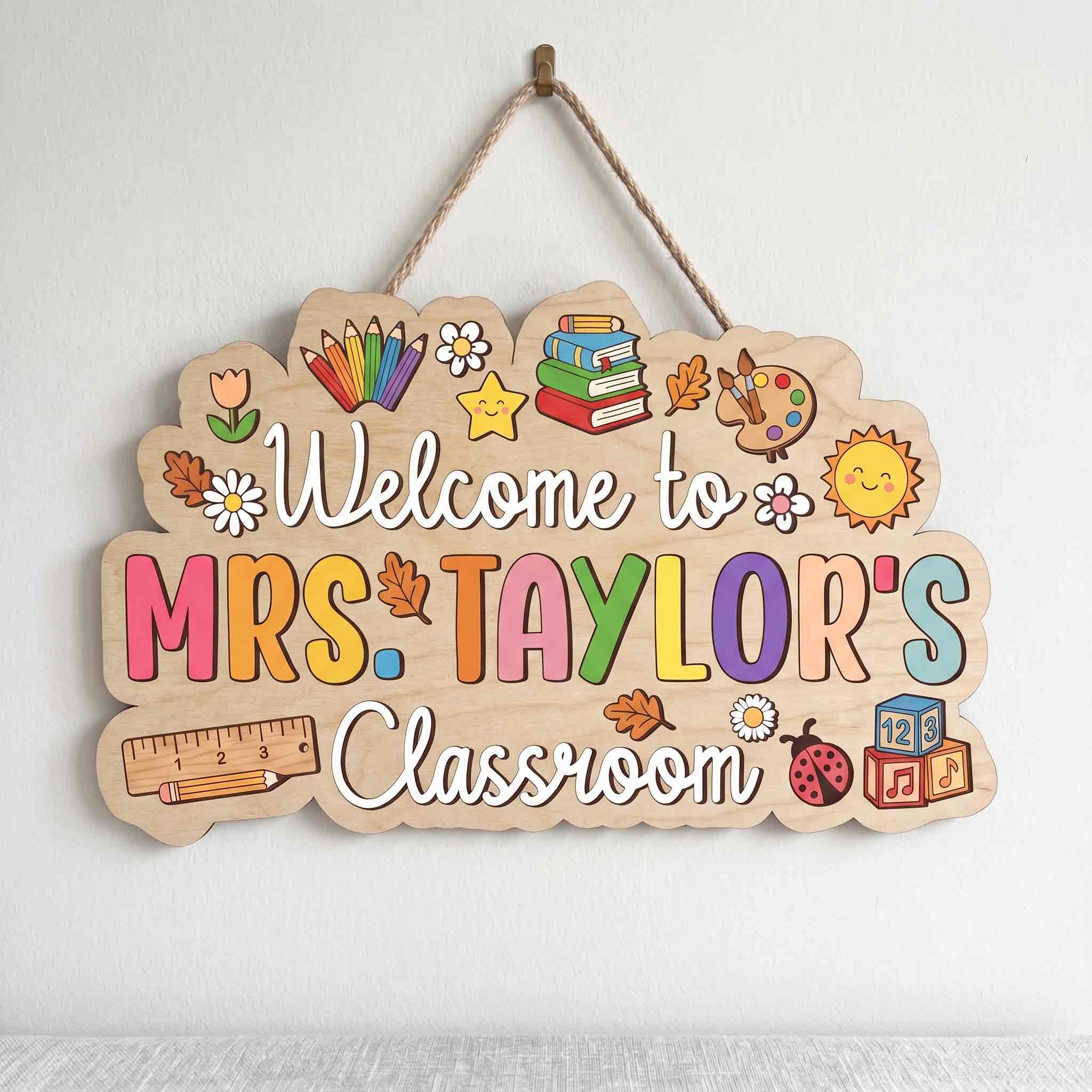 Personalized Rainbow Teacher Classroom Welcome Sign, Colorful School Supplies Classroom Decor Wooden Sign