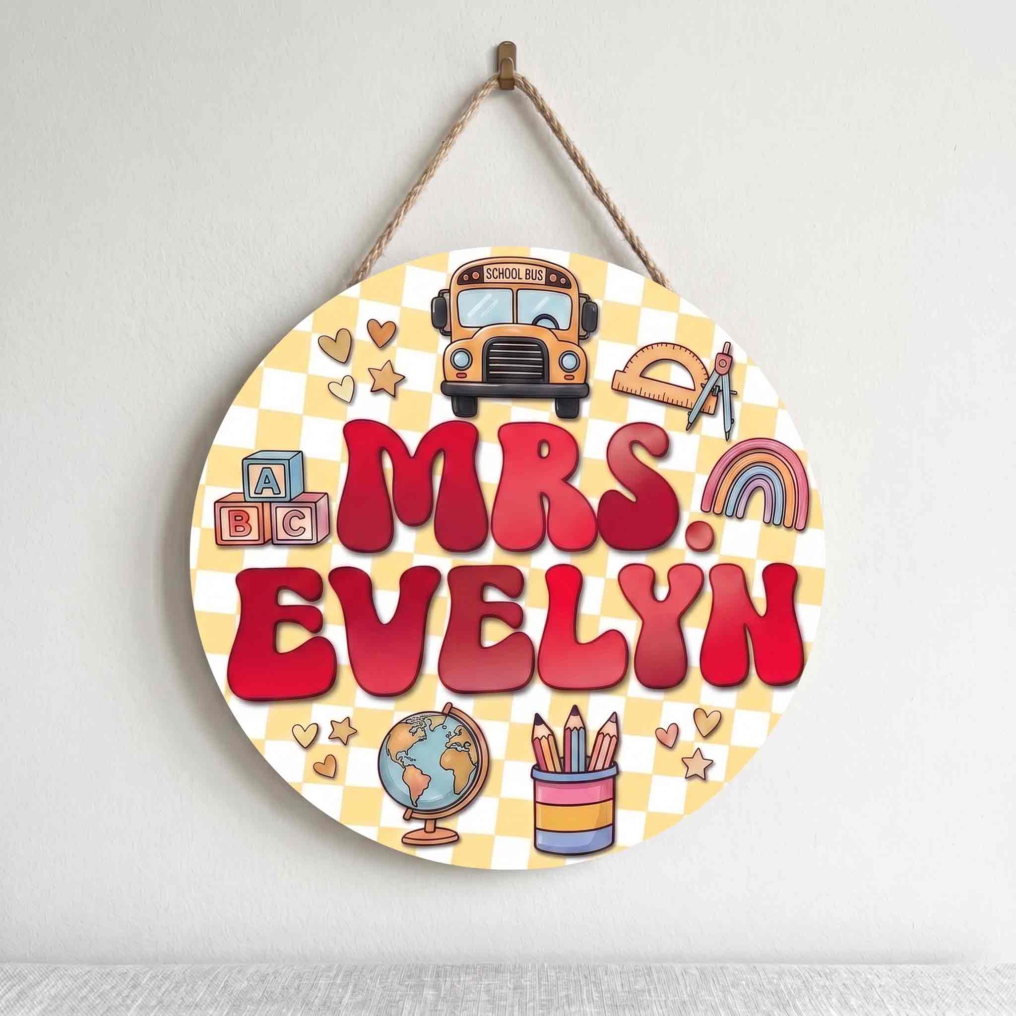 Custom Teacher Classroom Welcome Wooden Sign, Personalized School Bus Door Decor with Rainbow & School Supplies, Back to School Gift
