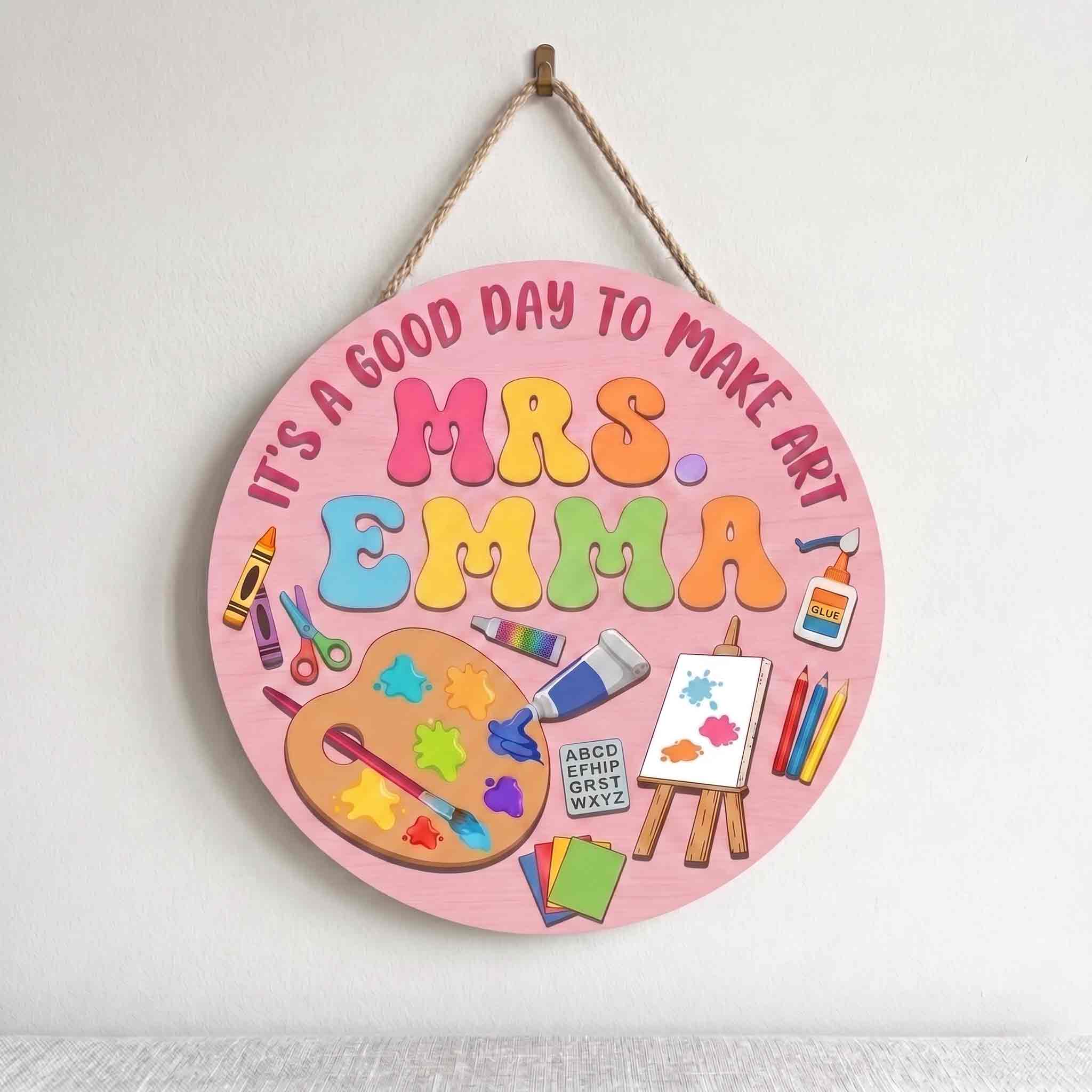 Personalized Art Teacher Classroom Door Hanger Wooden Sign, Custom Art Classroom Welcome Sign