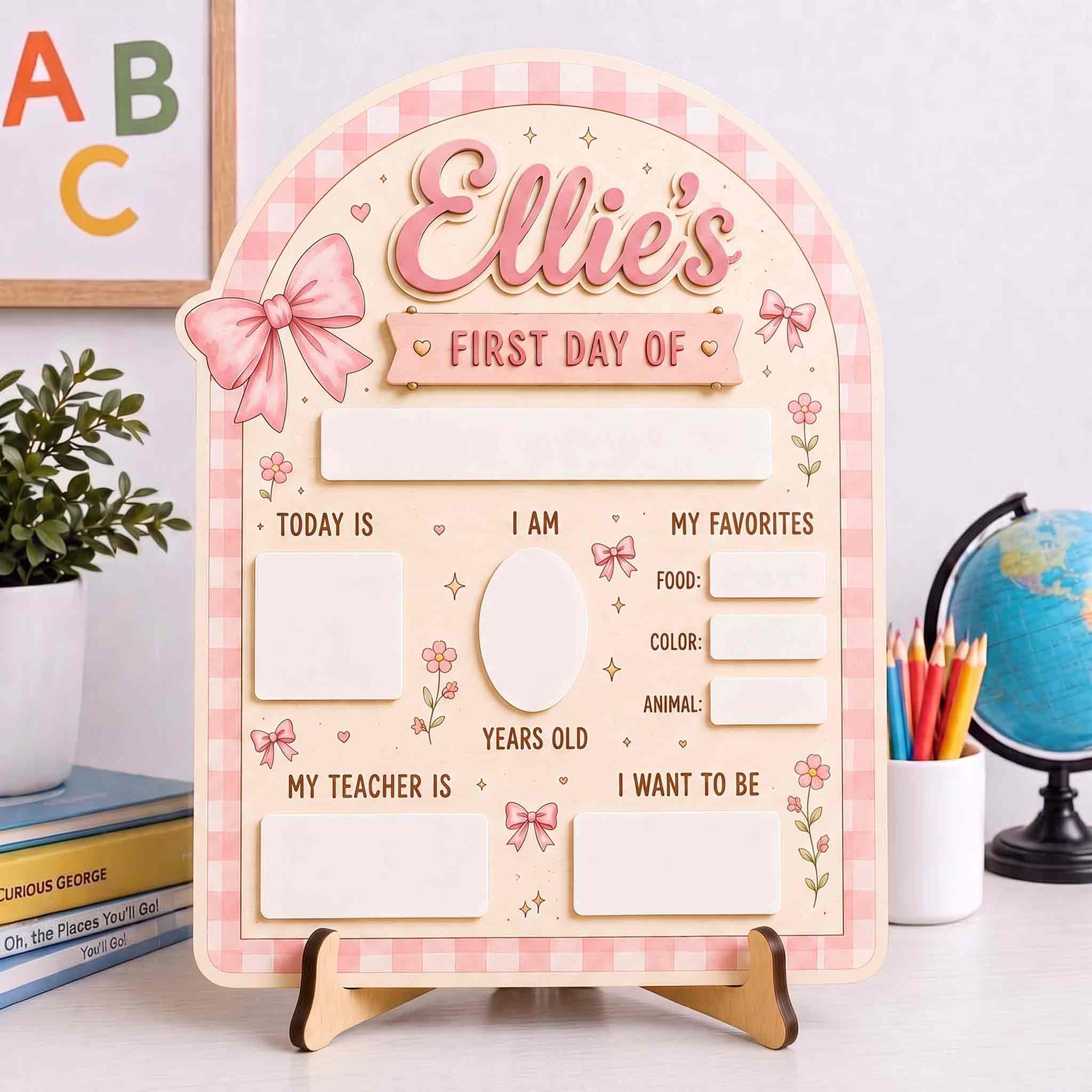 Personalized Pink Gingham Style First & Last Day School Sign, Reusable Dry Erase Board, Back to School Sign