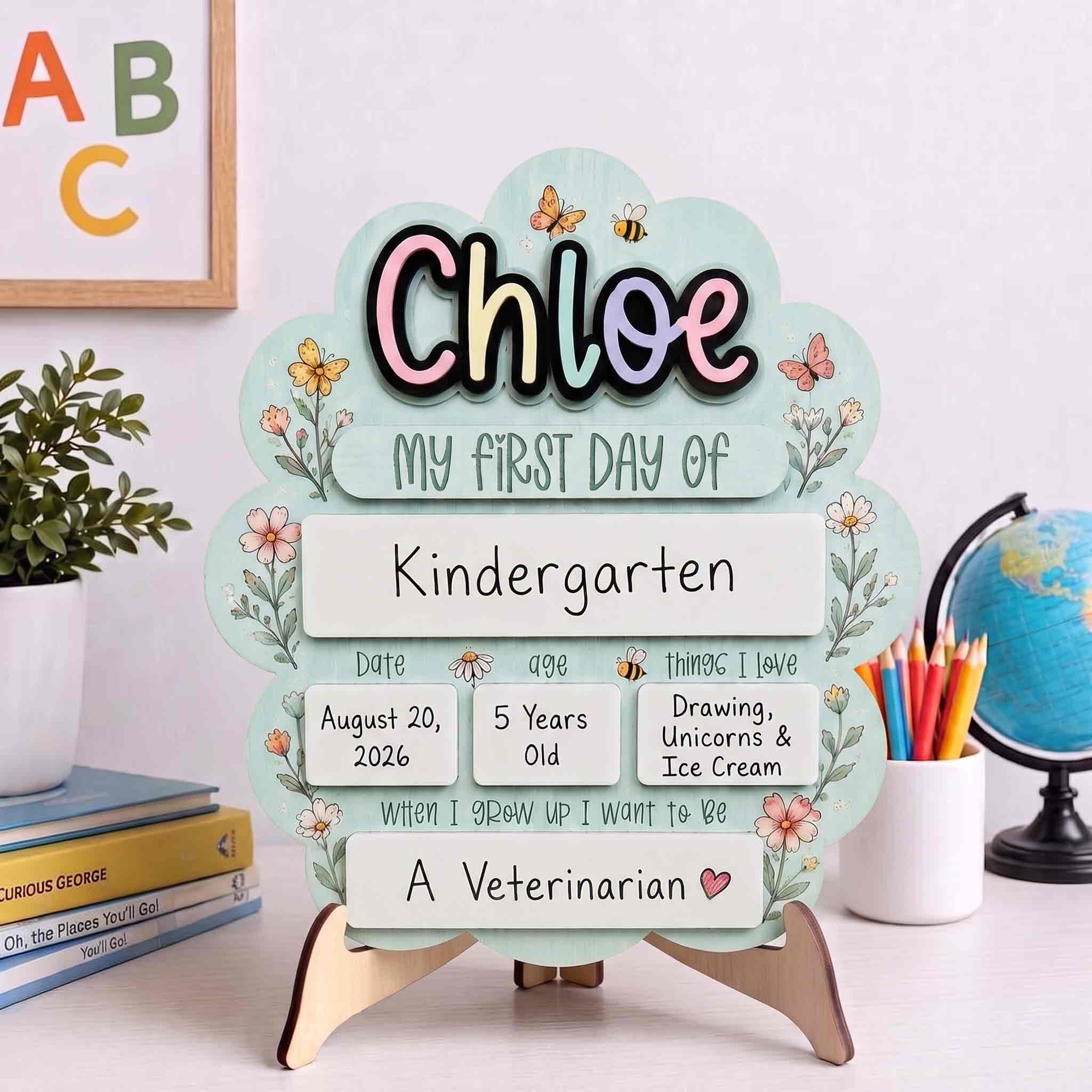 Personalized Floral Cloud First & Last Day School Board, Reusable Dry Erase Board, Back to School Sign