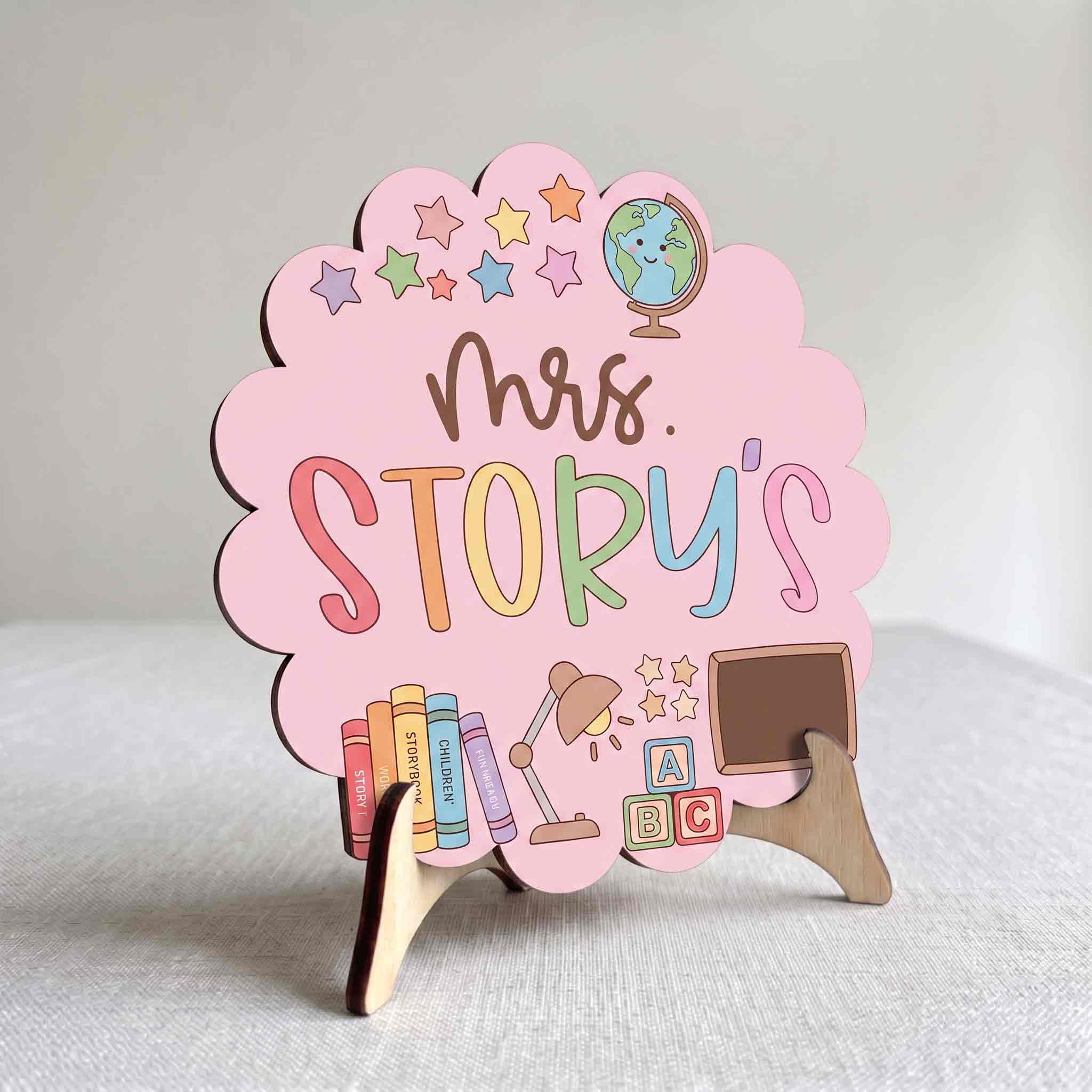 Personalized Pink Classroom Teacher Door Hanger Wooden Sign, Custom Teacher Name Welcome Sign