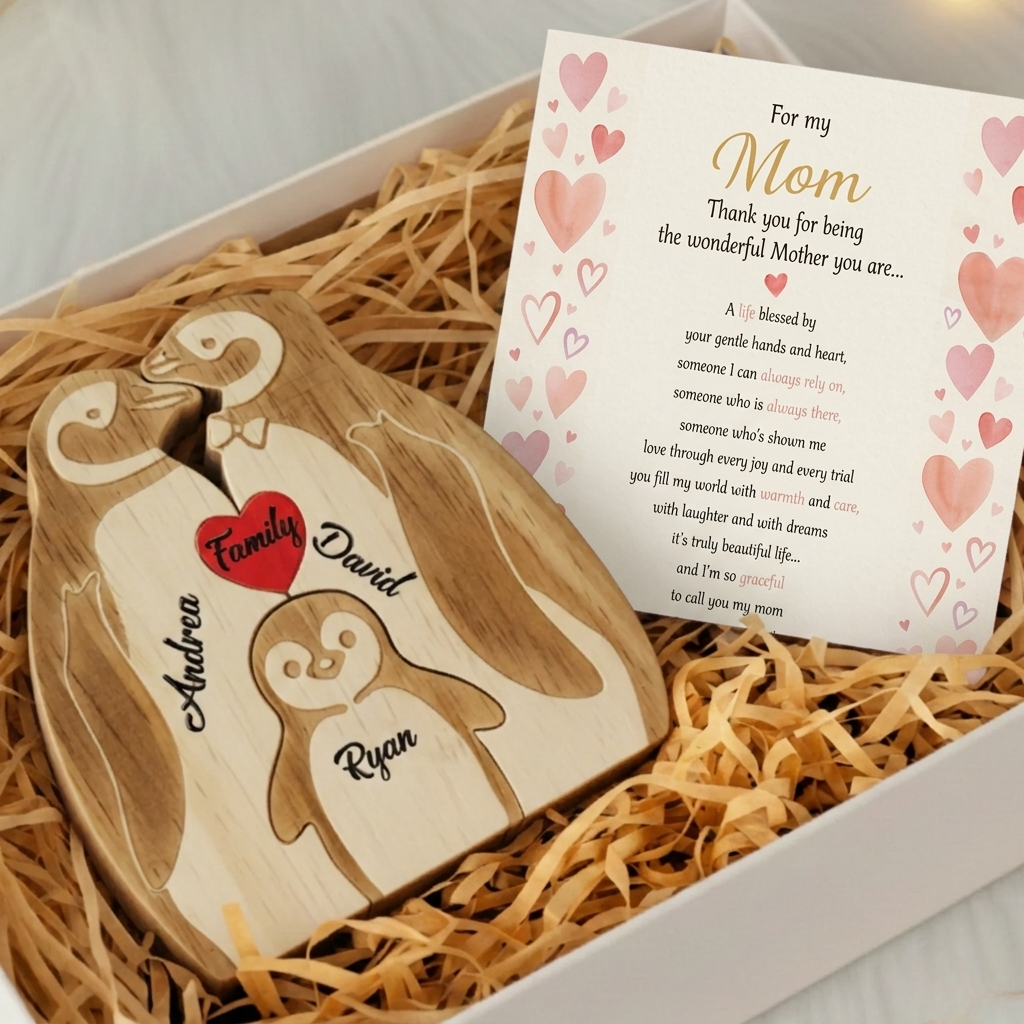 Personalized Penguin 3 Pieces Family Edition Custom Wooden Puzzle