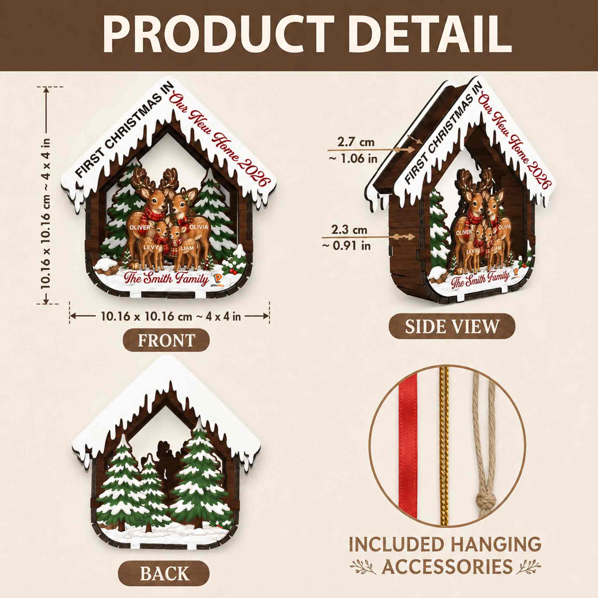 Personalized Wooden House Shape 3D Christmas Ornament