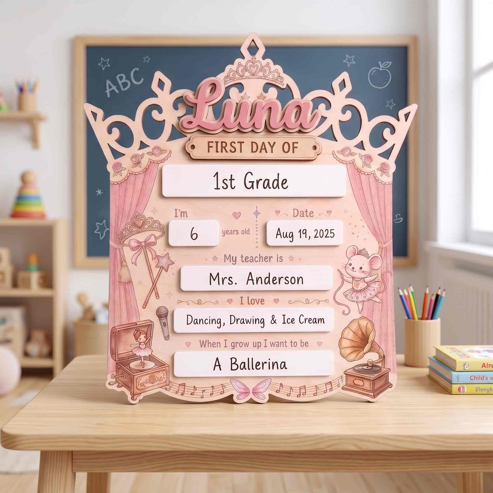 Personalized Princess Crown First Day School Board, Reusable Dry Erase Board, Back to School Sign