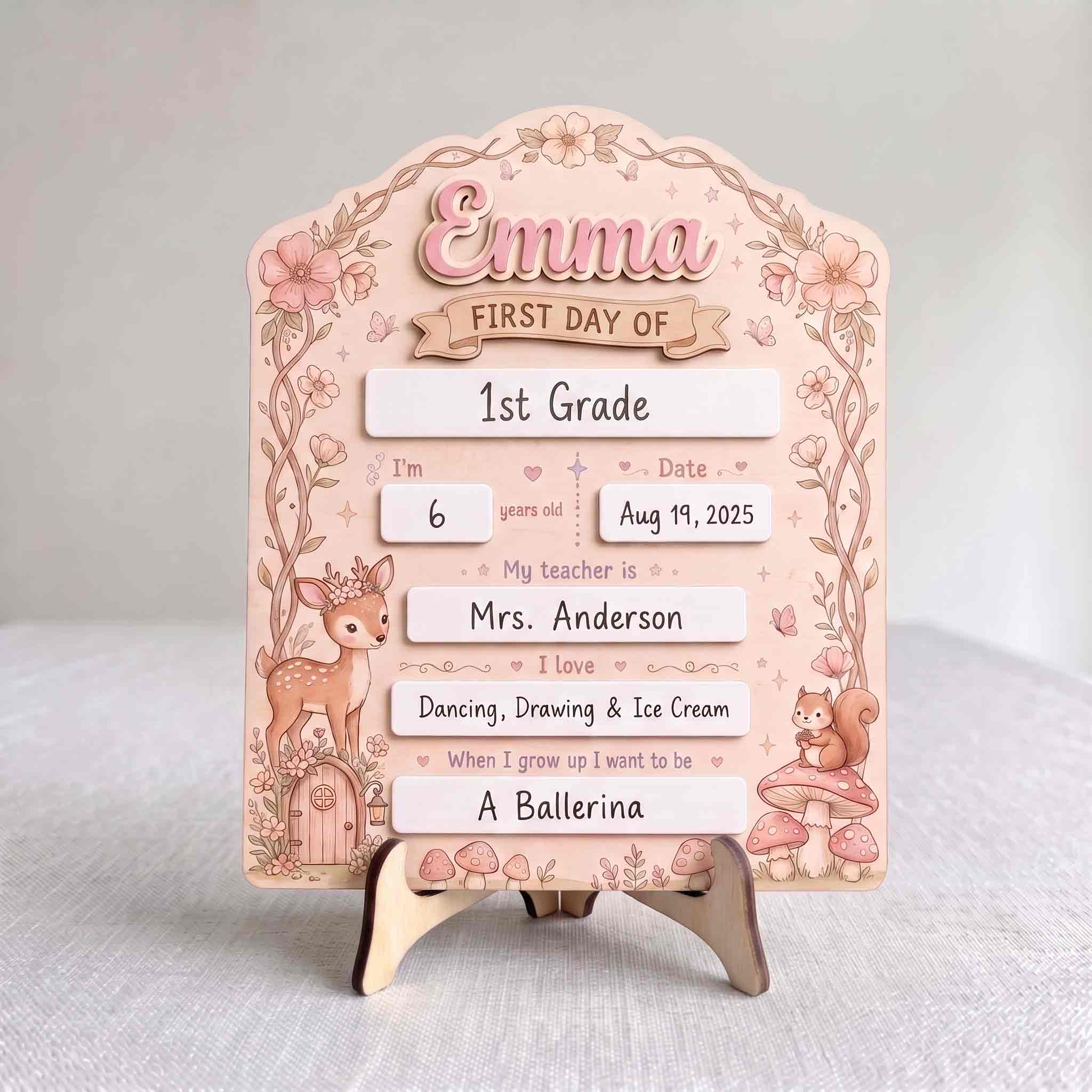 Personalized Coquette Woodland First Day School Board, Reusable Dry Erase Board, Back to School Sign