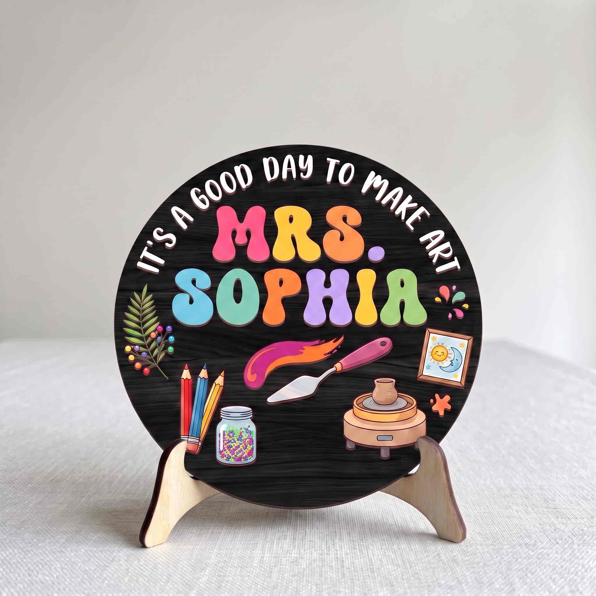 Personalized Art Teacher Classroom Door Hanger Wooden Sign, Custom Art Room Welcome Sign