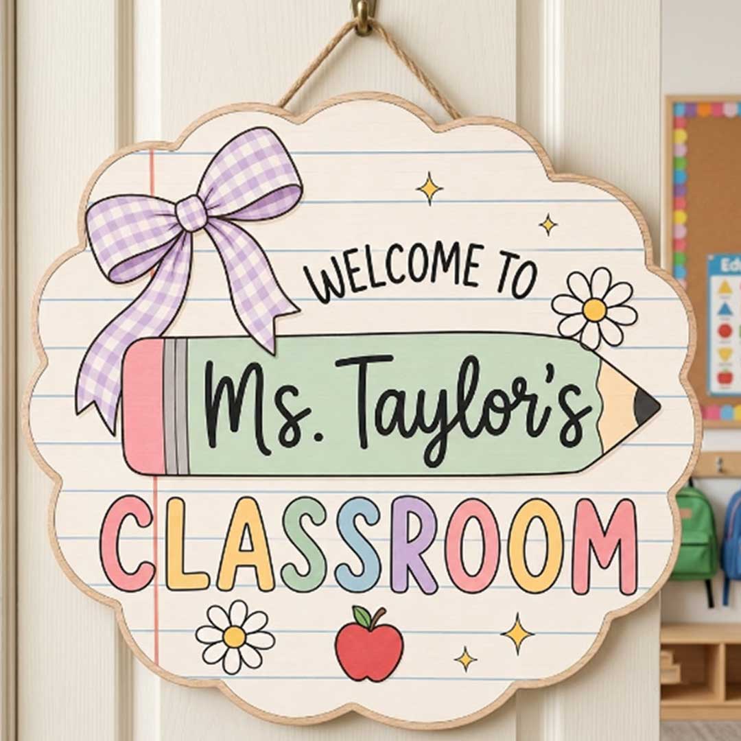 Personalized Teacher Name Wooden Sign Door Hanger Welcome School Entrance Decor Wooden Classroom Decor, Back to School Sign