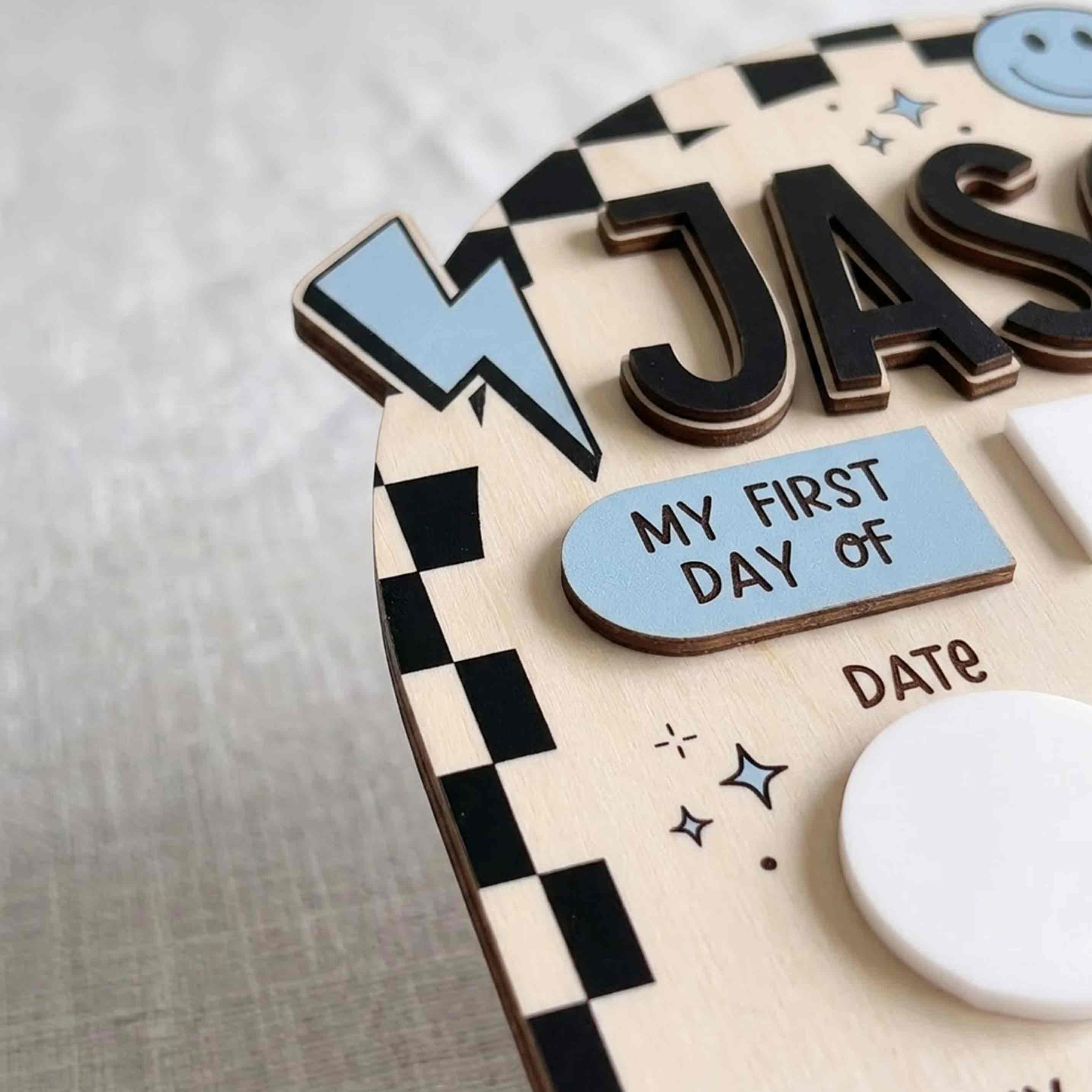 Personalized Blue Black Checkerboard First & Last Day School Sign, Reusable Dry Erase Board, Back to School Sign