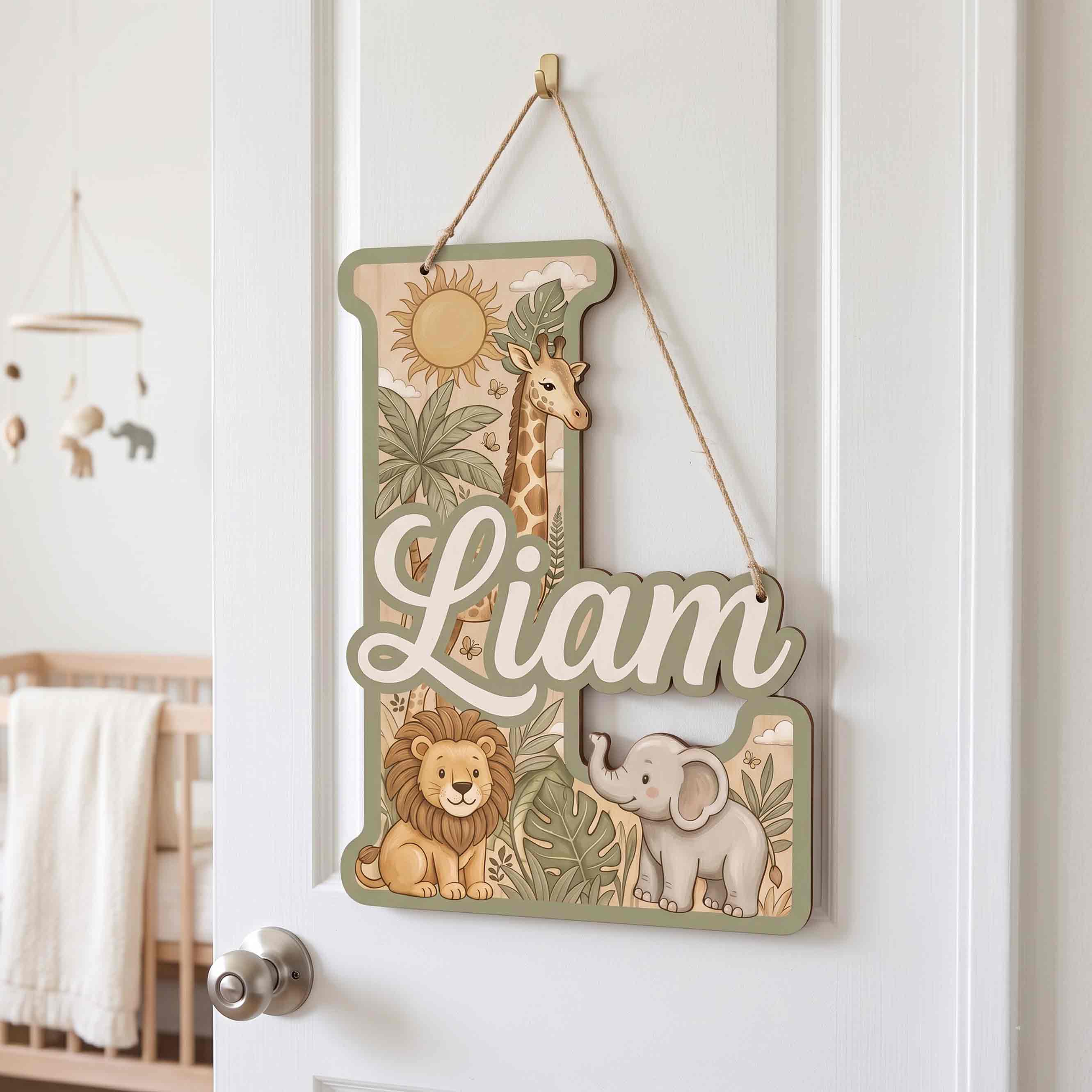 Personalized Safari Animals Nursery Name Sign Wooden Baby Room Decor