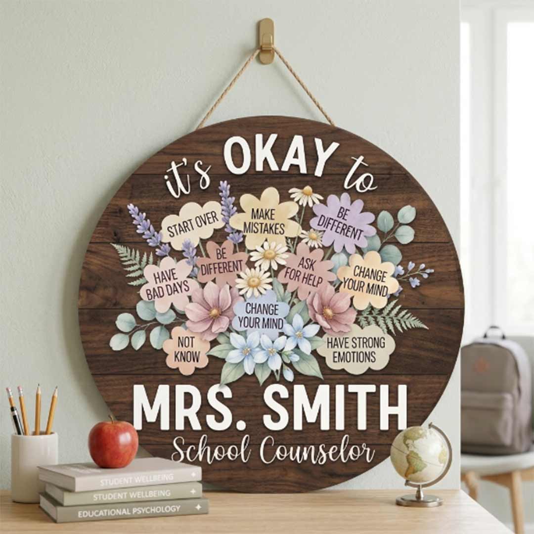 Personalized Teacher Name Wooden Sign Door Hanger Flowers School Counselor Sign Wooden Classroom Decor, Back to School Sign