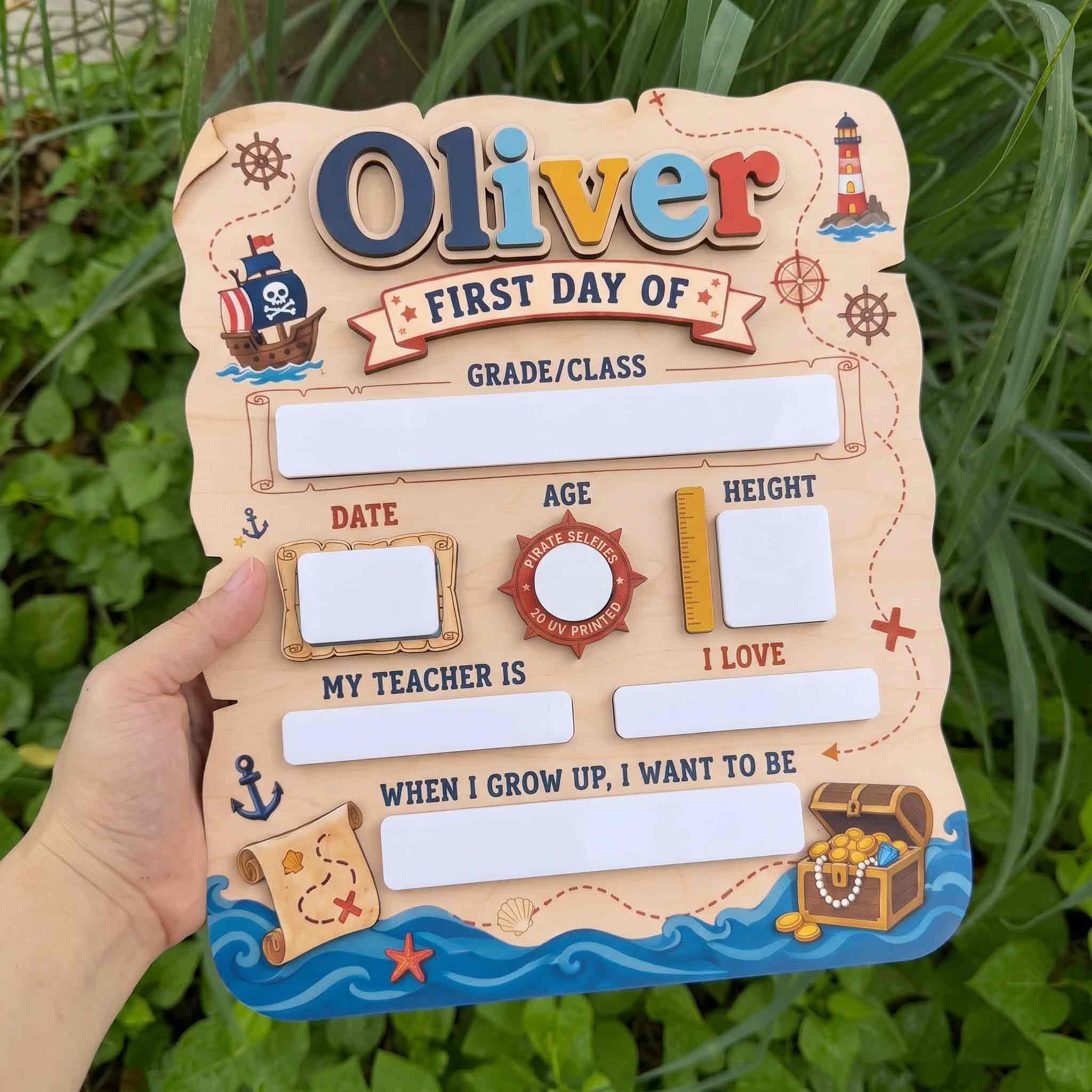 Personalized Pirate Adventure Theme First & Last Day School Sign, Reusable Dry Erase Board, Back to School Sign