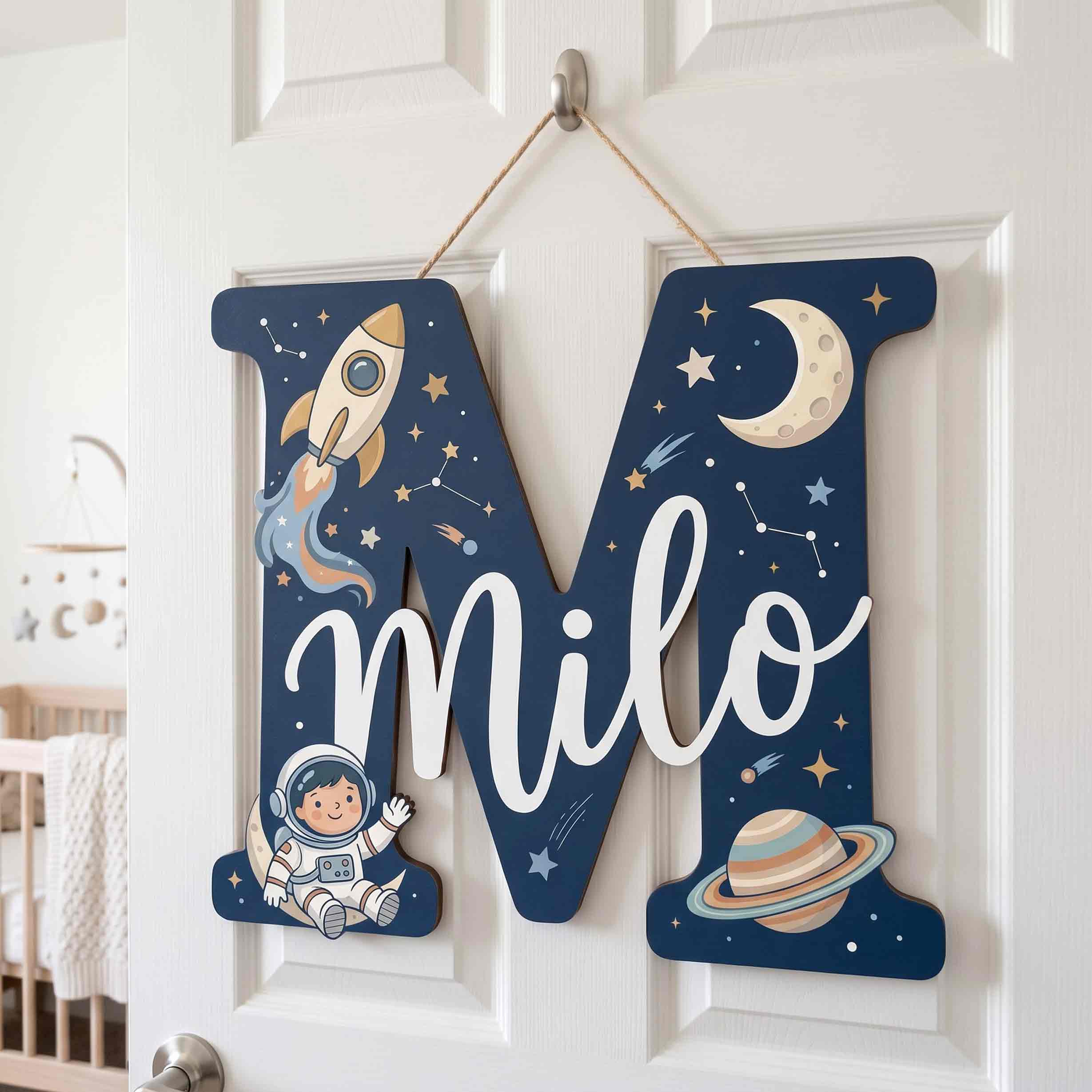 Personalized Outer Space Theme Nursery Name Sign Wooden Baby Room Decor
