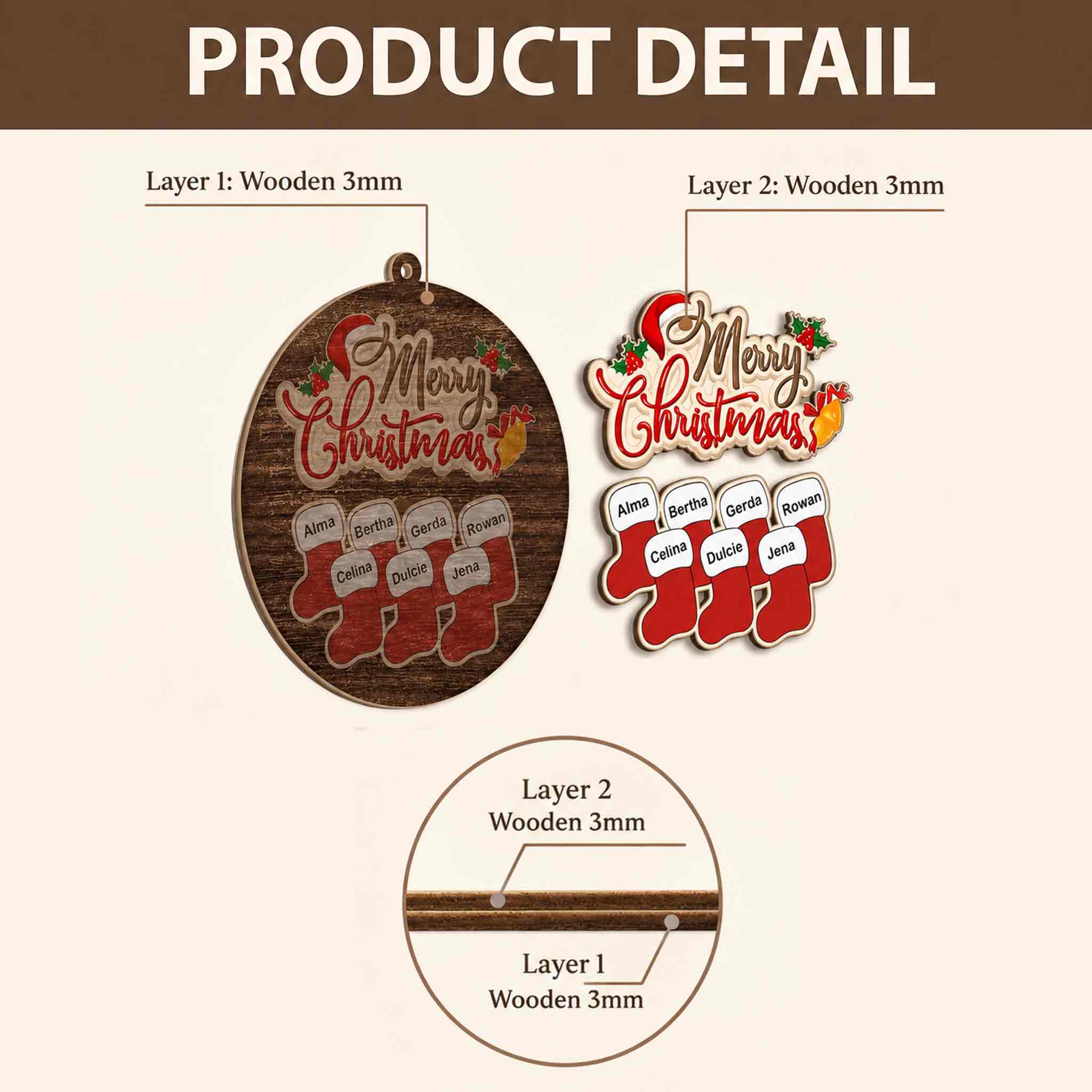 Santa Face Christmas Personalized Custom Name Date 2-Layer Wooden Christmas Ornament Christmas Gift