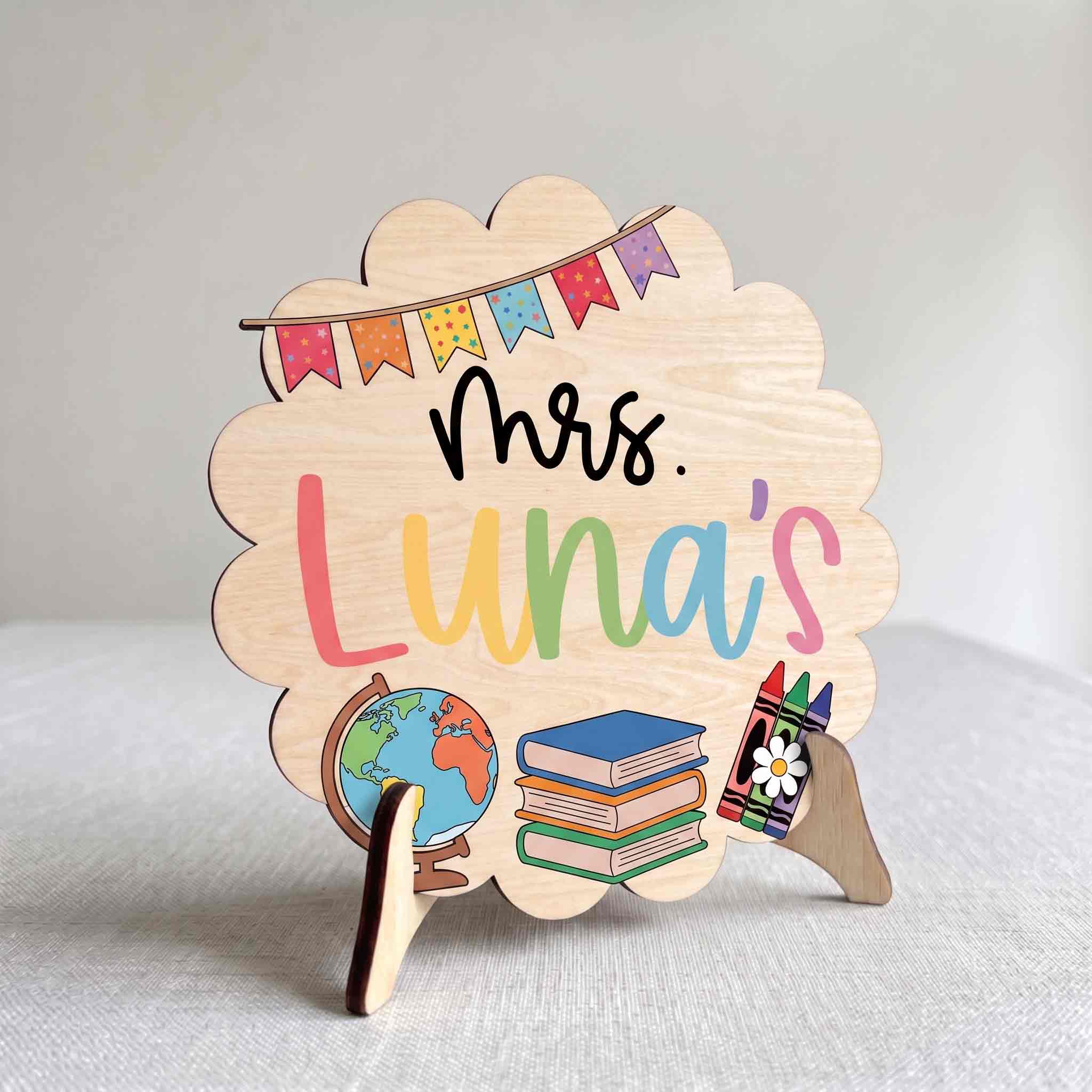 Personalized Elementary Teacher Classroom Wooden Sign, Custom Welcome Door Hanger with Books & Crayons, Back to School Decor