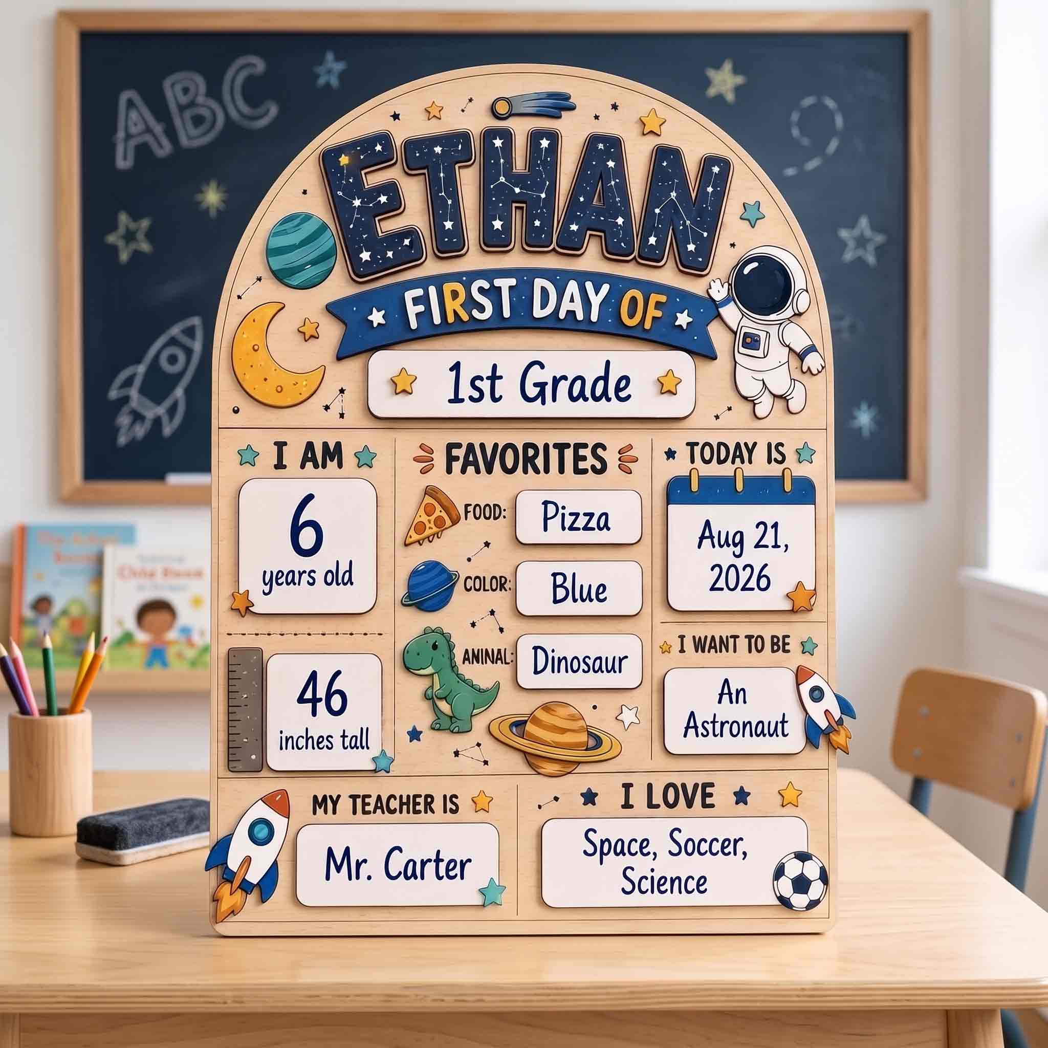 Personalized Outer Space First Day School Board, Reusable Dry Erase Board, Back to School Sign