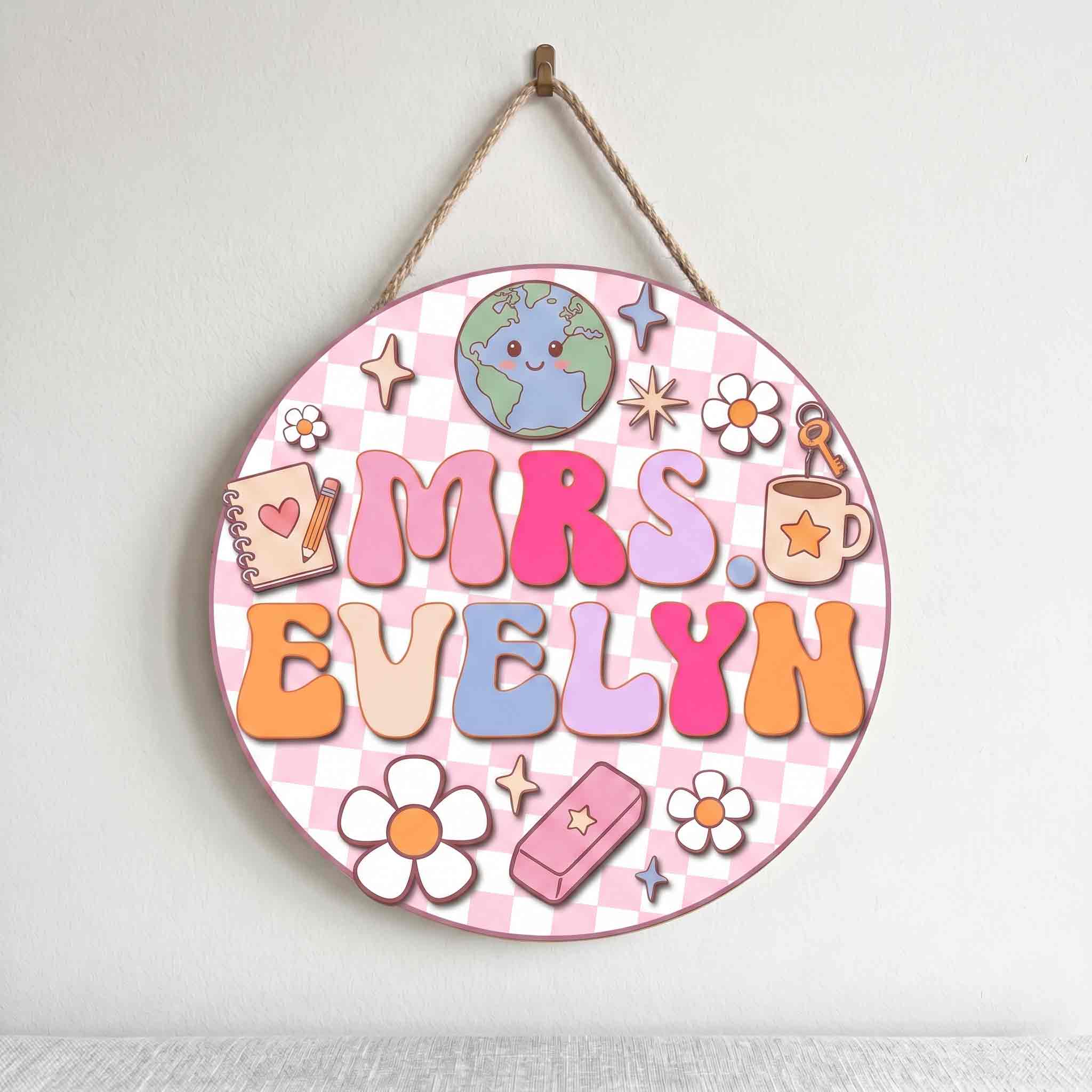 Personalized Classroom Teacher Wooden School Sign, Custom Teacher Name Door Hanger for Elementary Classroom Decor