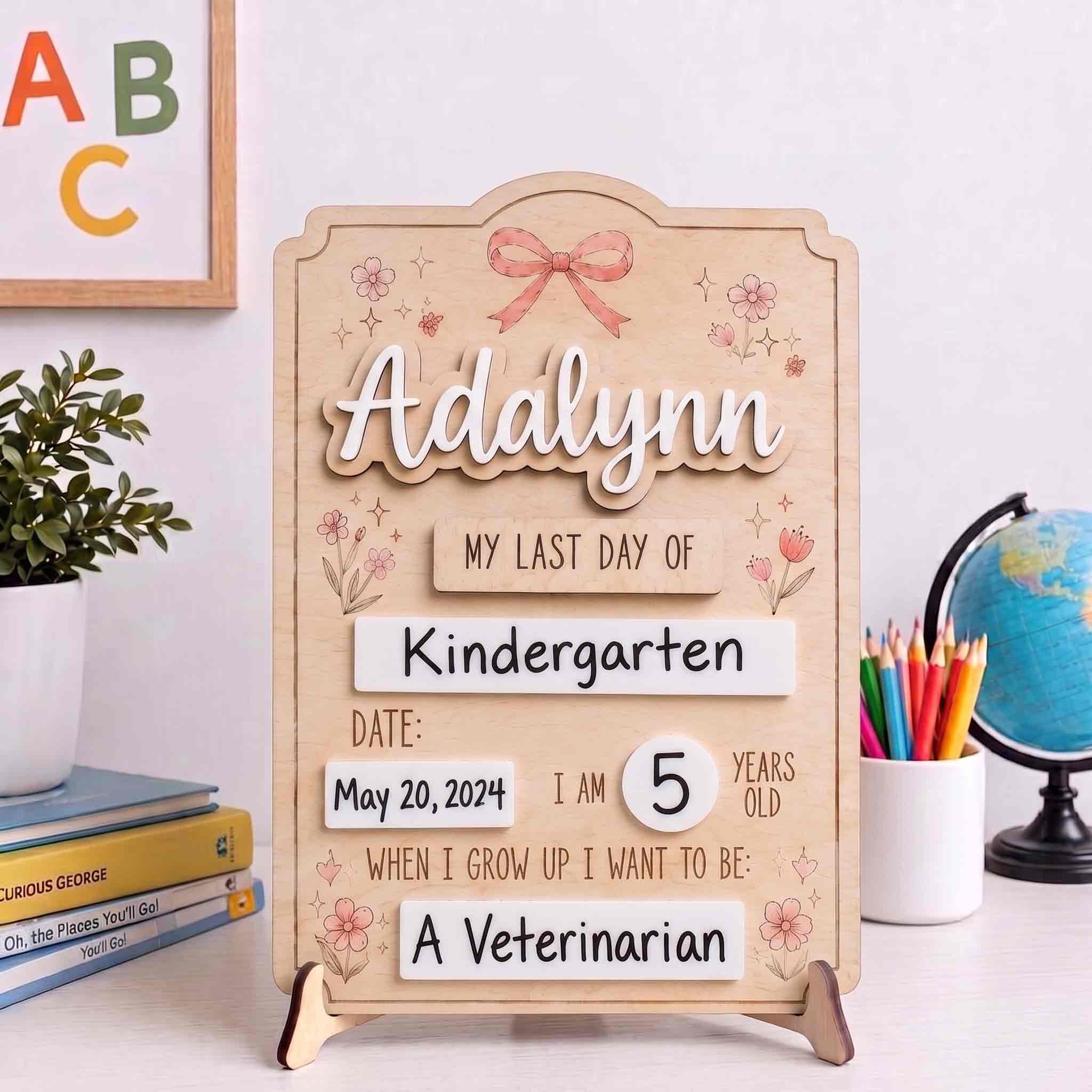 Personalized Bow Floral First & Last Day School Board, Reusable Dry Erase Board, Back to School Sign
