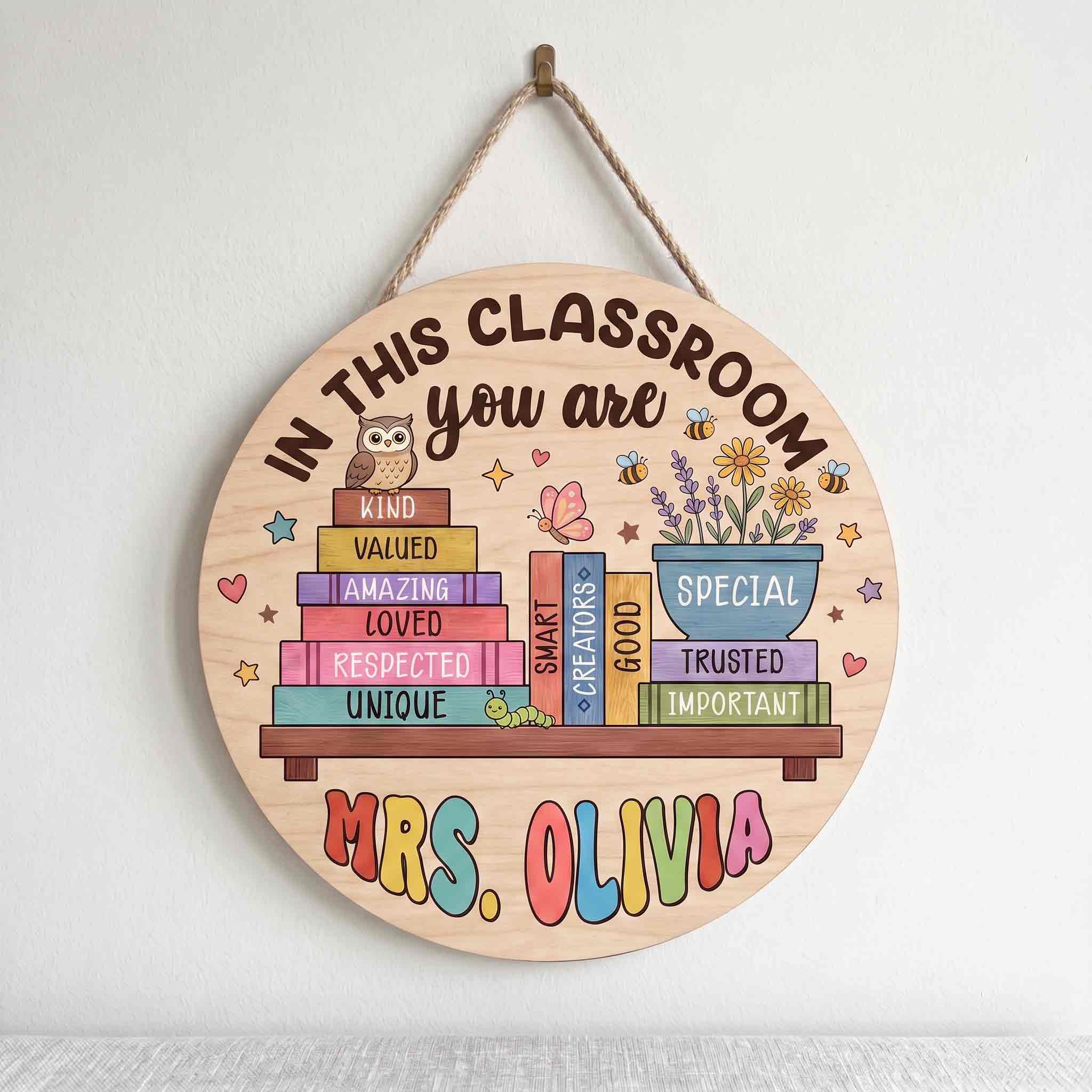 Personalized In This Classroom You Are Welcome Sign, Custom Teacher Classroom Door Decor with Inspirational Book Stack Wooden School Sign