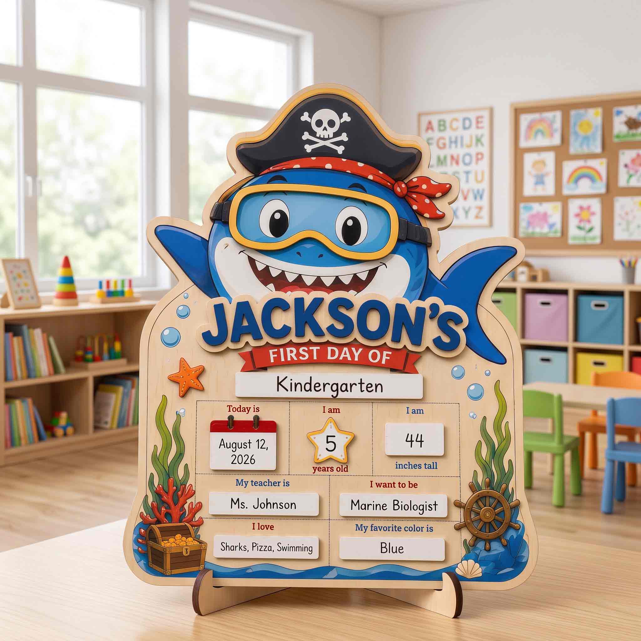 Personalized Cartoon Shark Theme First & Last Day School Sign, Reusable Dry Erase Board, Back to School Sign