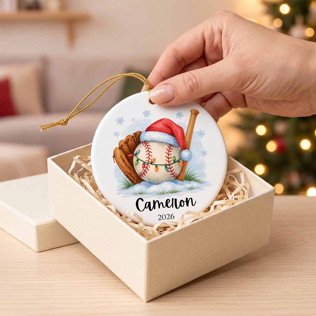 Baseball Christmas Santa Hat Custom Name 2026 Sports Kid Gift Round Ceramic Christmas Ornament