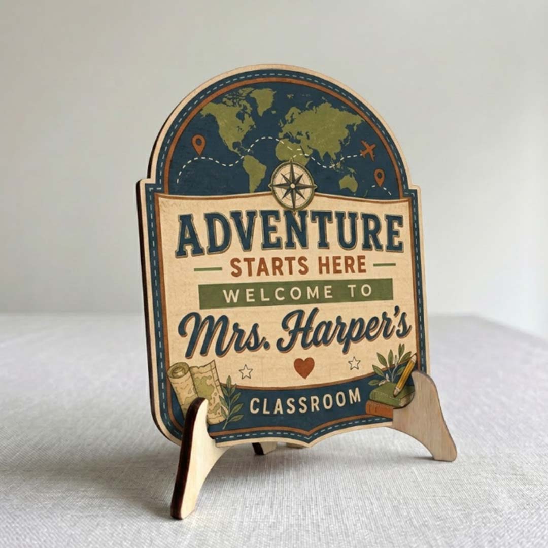 Personalized Teacher Name Wooden Sign Door Hanger Adventure Stars Here Classroom Sign Wooden Classroom Decor, Back to School Sign