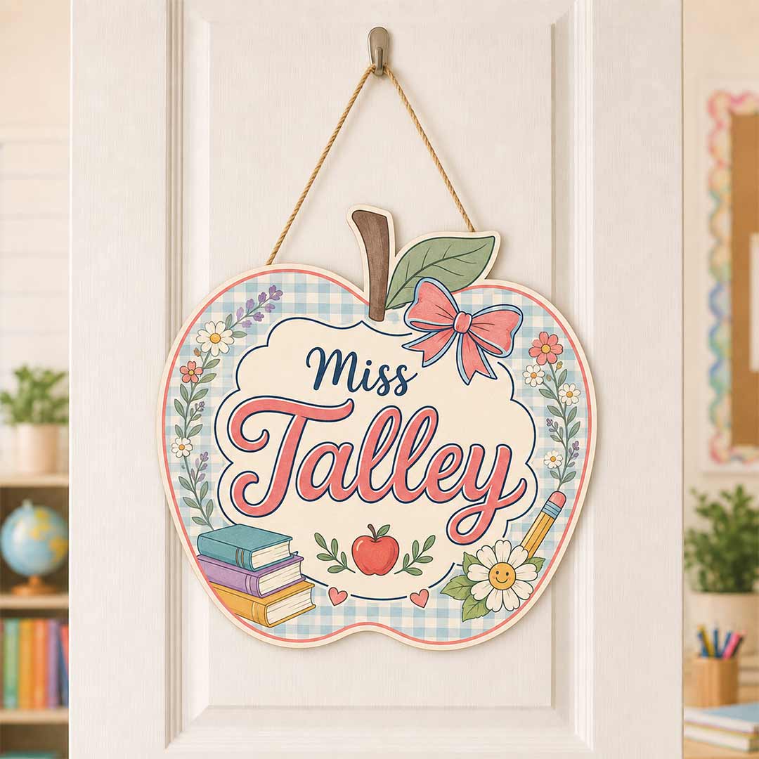 Personalized Teacher Name Wooden Sign Door Hanger Apple Style Classroom Sign Wooden Classroom Decor, Back to School Sign