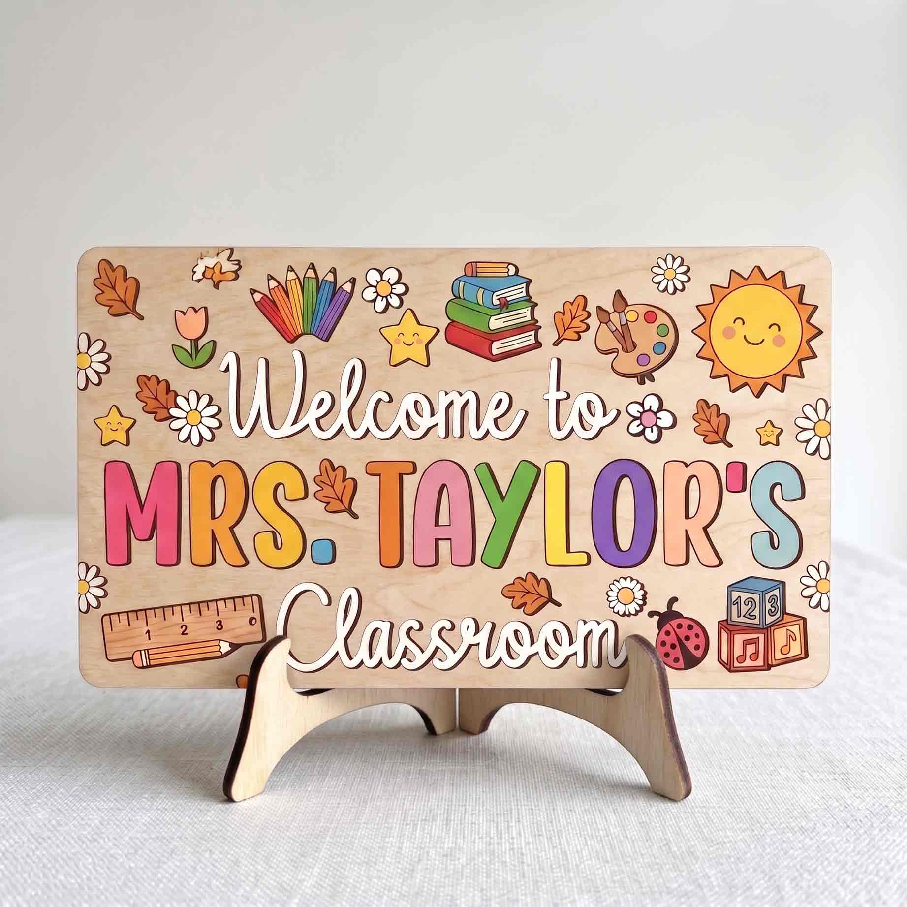 Personalized Welcome to Teacher Classroom Wooden Sign, Custom Fall Classroom Door Hanger with Autumn Leaves