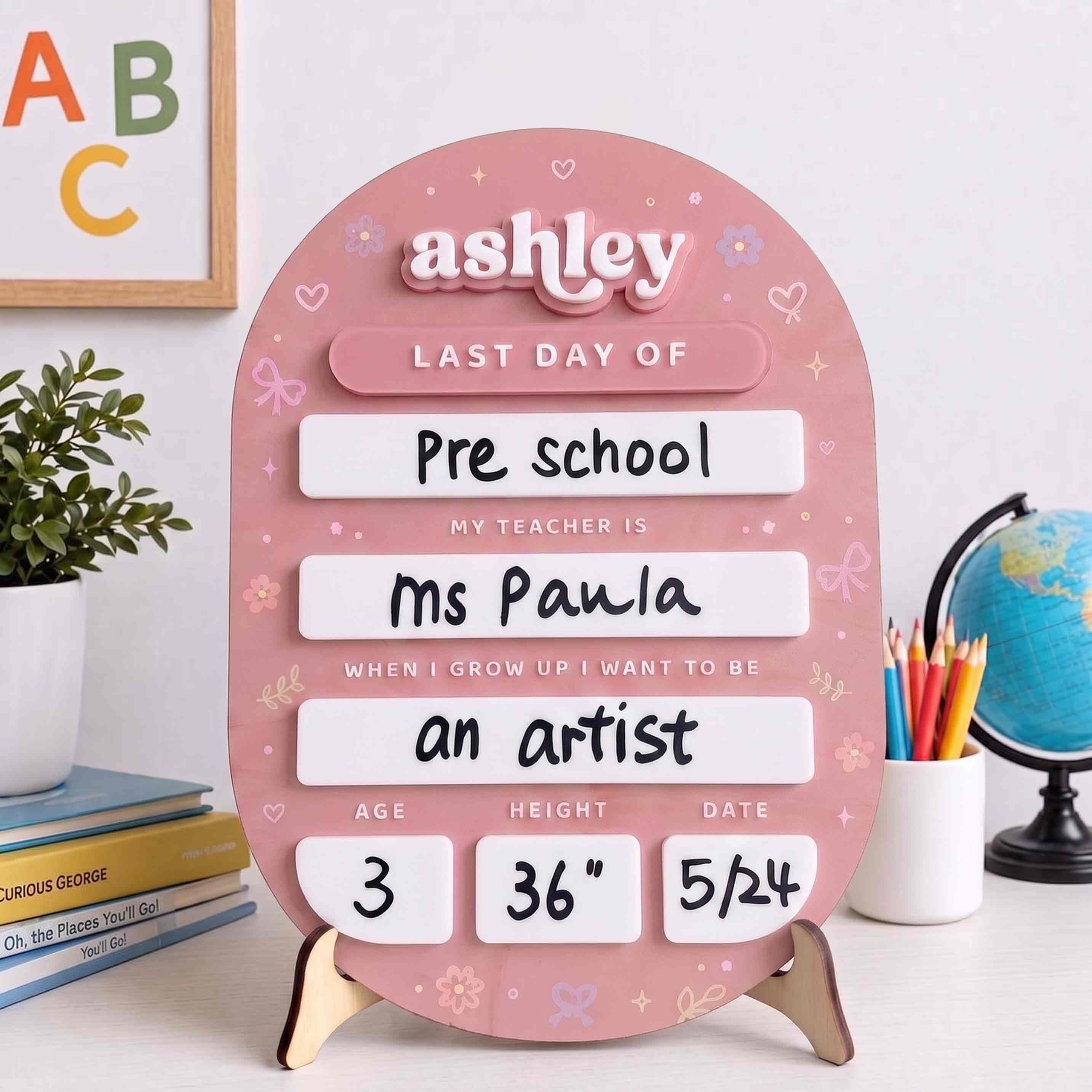 Personalized Blush Coquette First & Last Day School Board, Reusable Dry Erase Board, Back to School Sign