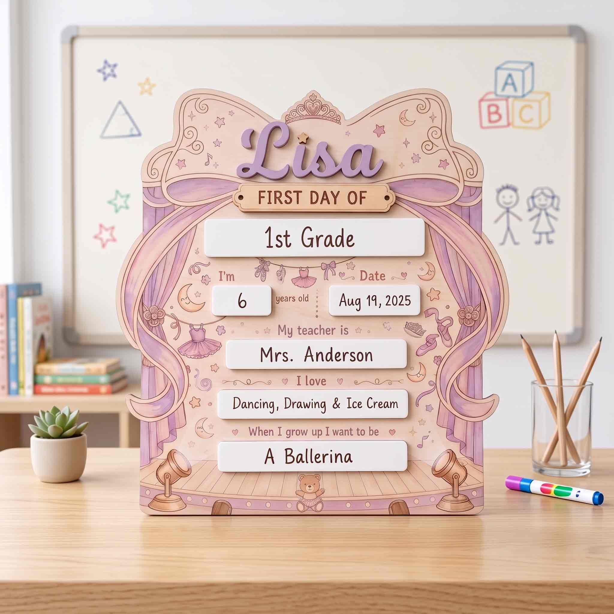 Personalized Princess Bow First Day School Board, Reusable Dry Erase Board, Back to School Sign