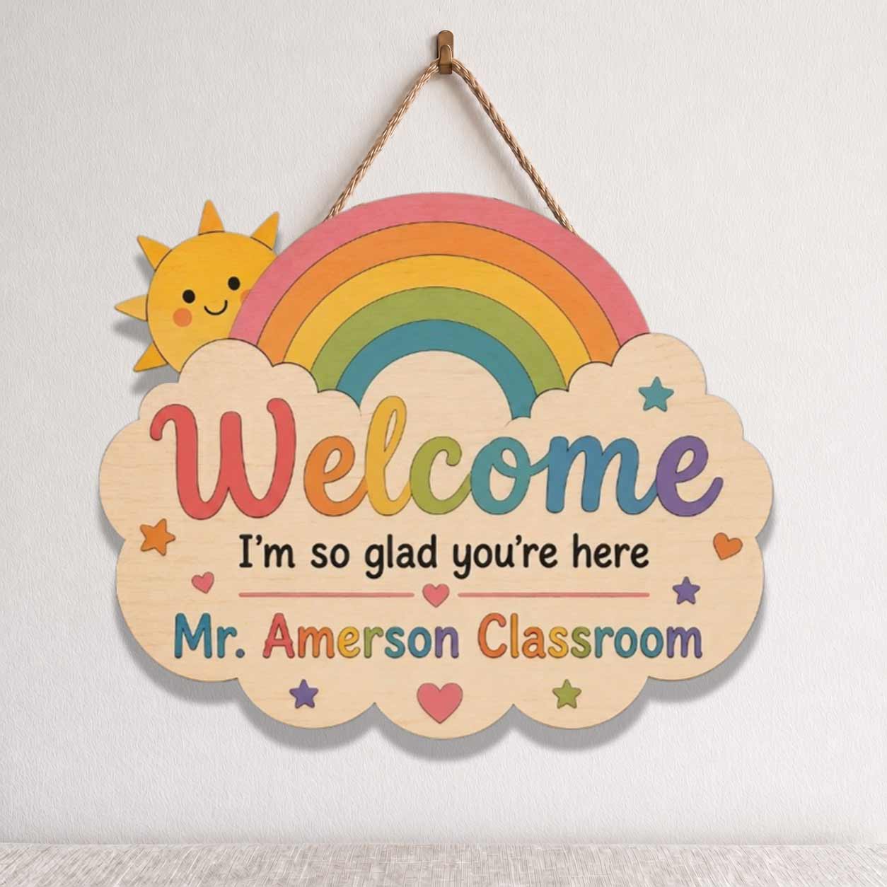 Personalized Teacher Name Wooden Sign Door Hanger I'm So Glad You're Here Wooden Classroom Decor, Back to School Sign