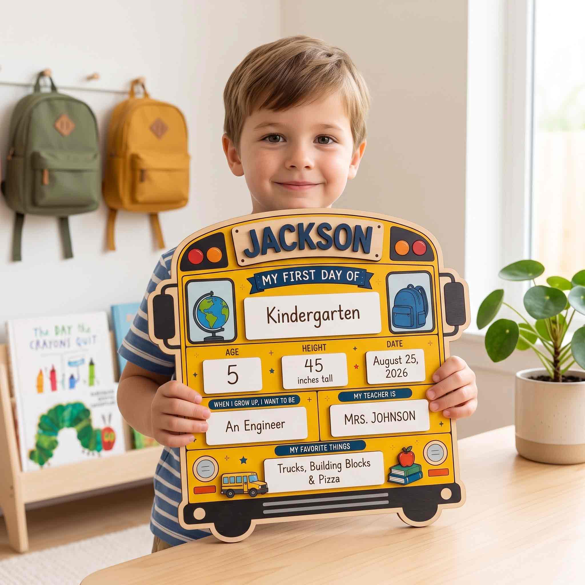 Personalized School Bus Shape First & Last Day School Sign, Reusable Dry Erase Board, Back to School Sign