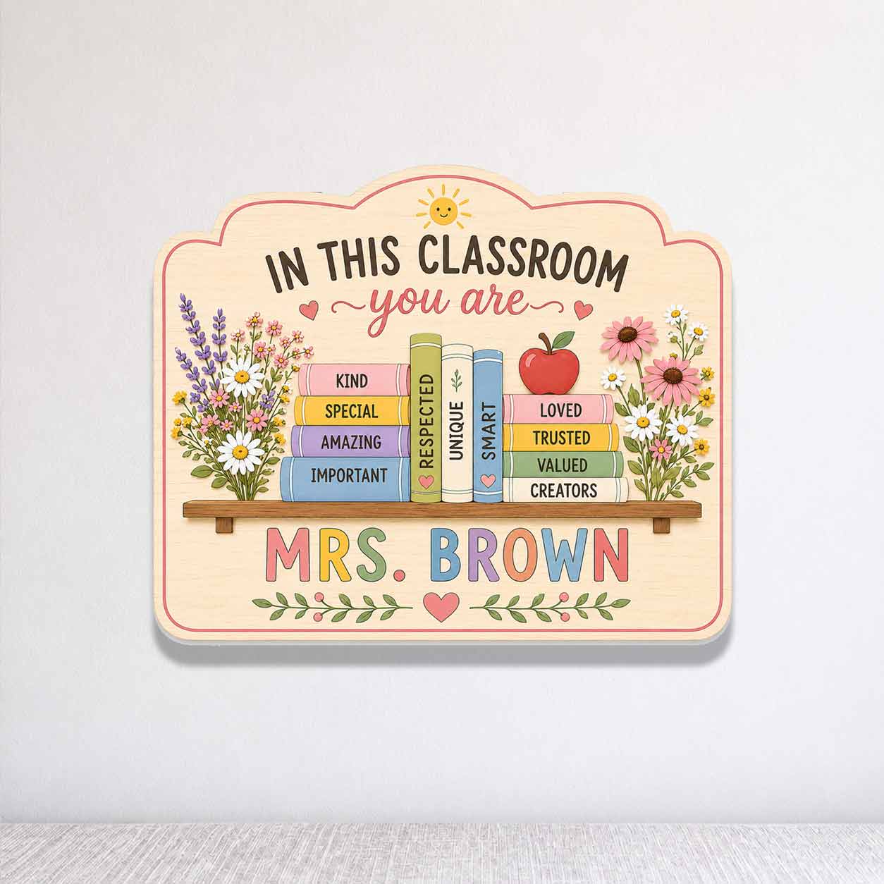 Personalized Flower Bird Teacher Name Wooden Sign Door Hanger Positive Affirmation Teacher Door Hanger Wooden Classroom Decor, Back to School Sign
