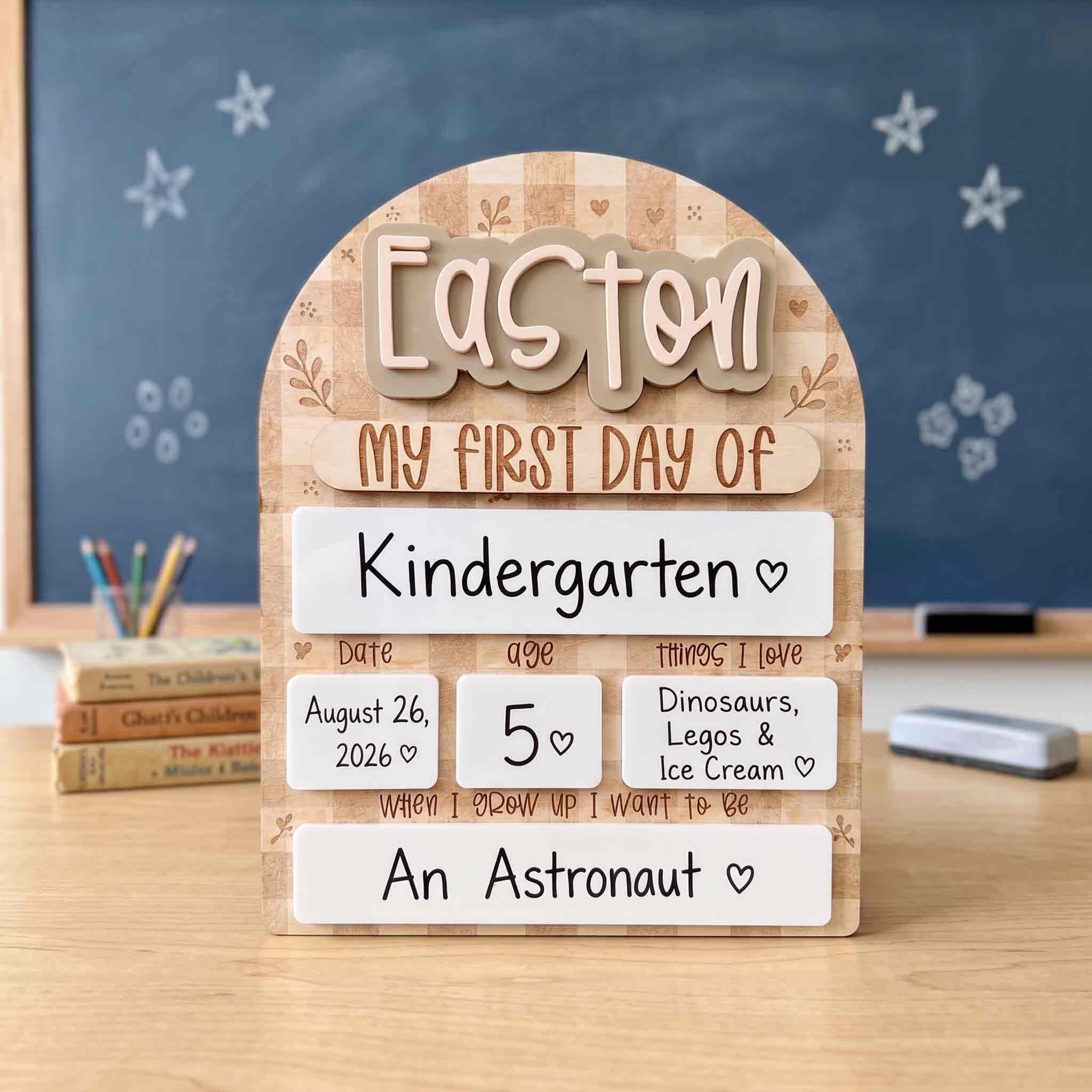 Personalized Beige Gingham First Day School Board, Reusable Dry Erase Board, Back to School Sign