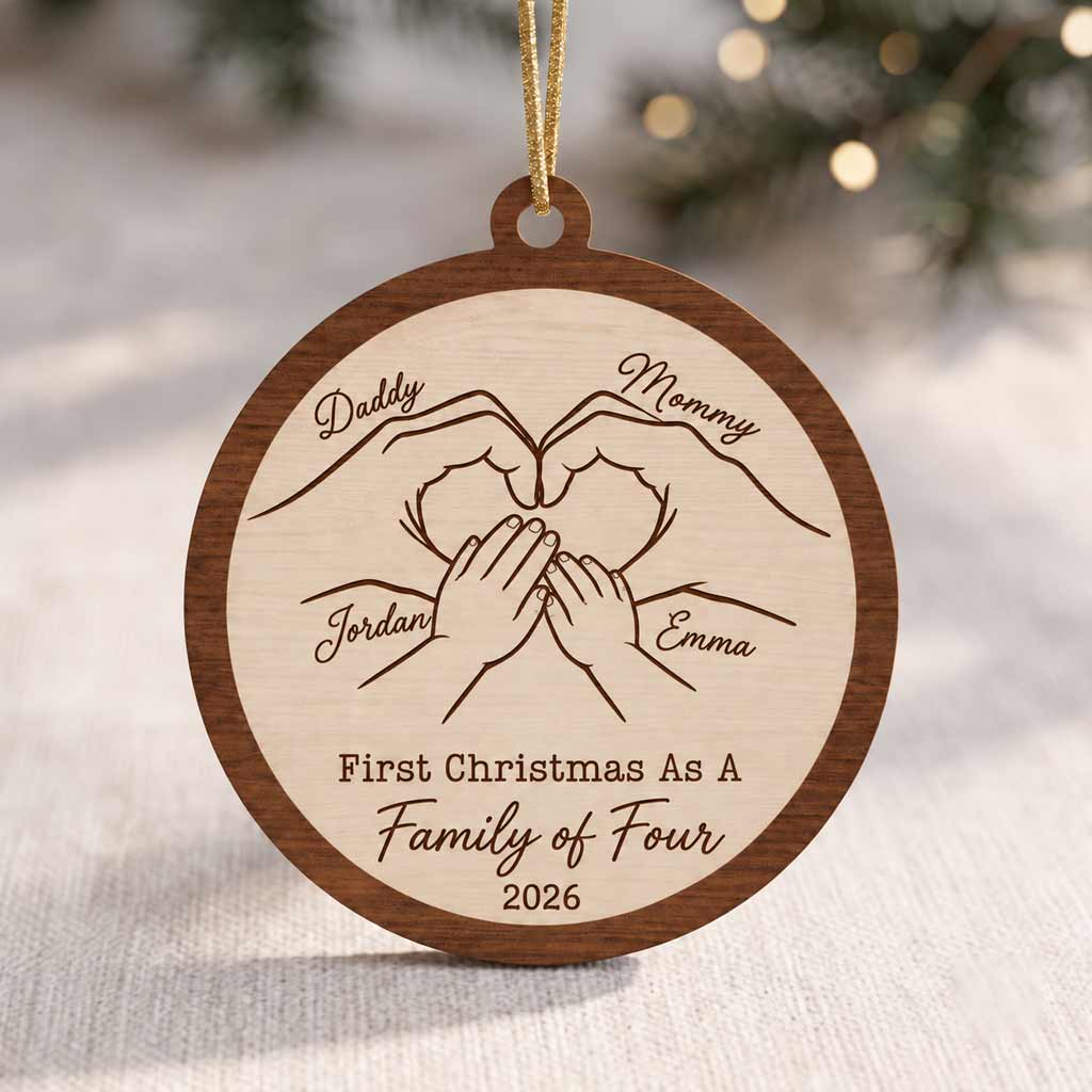 First Christmas As A Family of Three Four Five Custom Names 2026 Family Keepsake Wooden Christmas Ornament