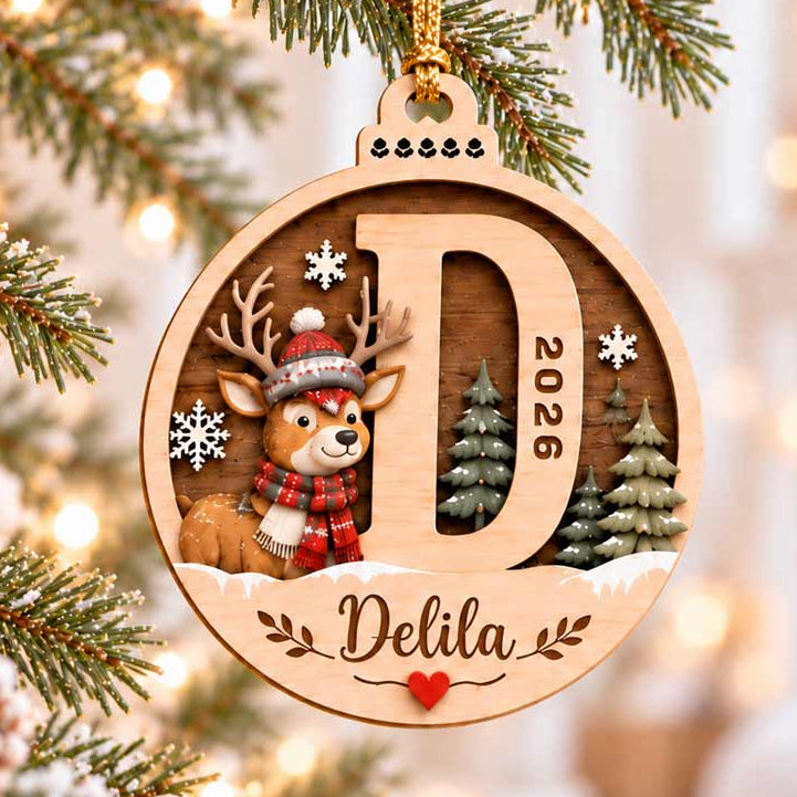 Winter Reindeer Alphabet Initial 2026 Custom Name Family Christmas Keepsake Wooden Christmas Ornament