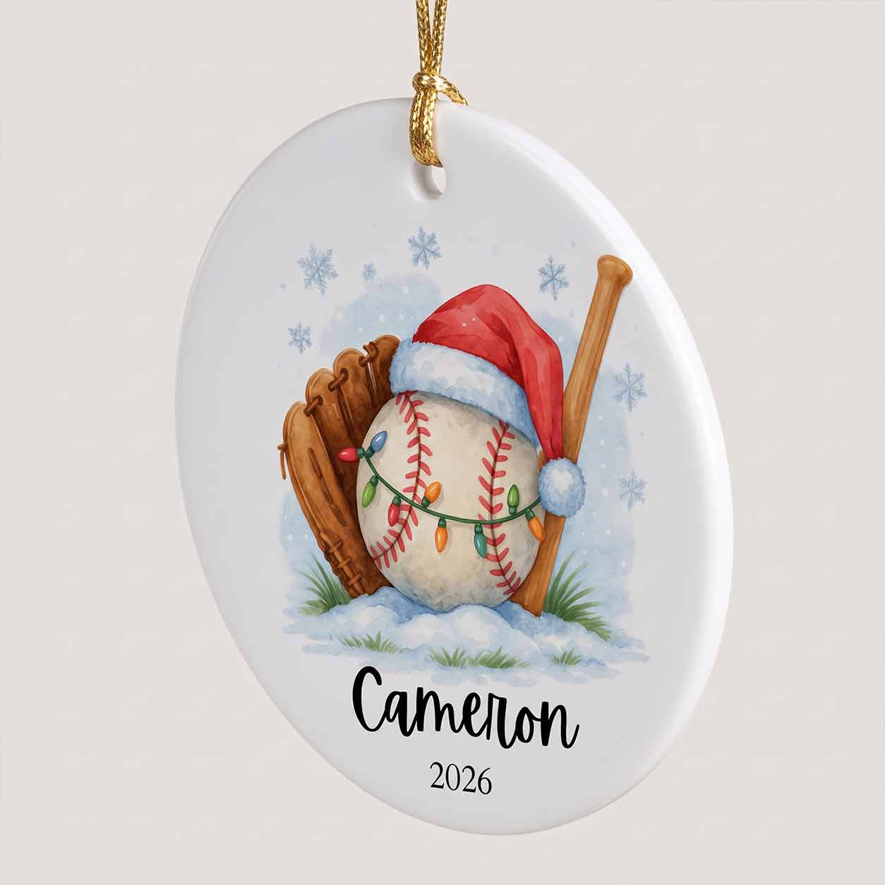 Baseball Christmas Santa Hat Custom Name 2026 Sports Kid Gift Round Ceramic Christmas Ornament