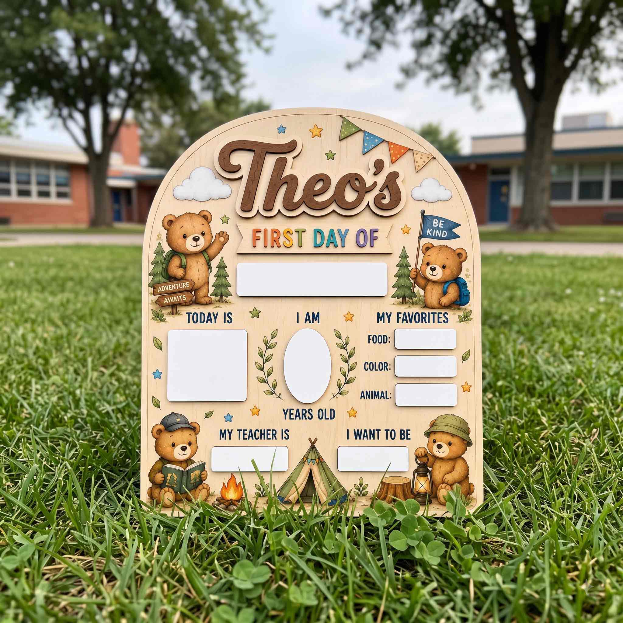Personalized Camping Bears First & Last Day School Sign, Reusable Dry Erase Board, Back to School Sign