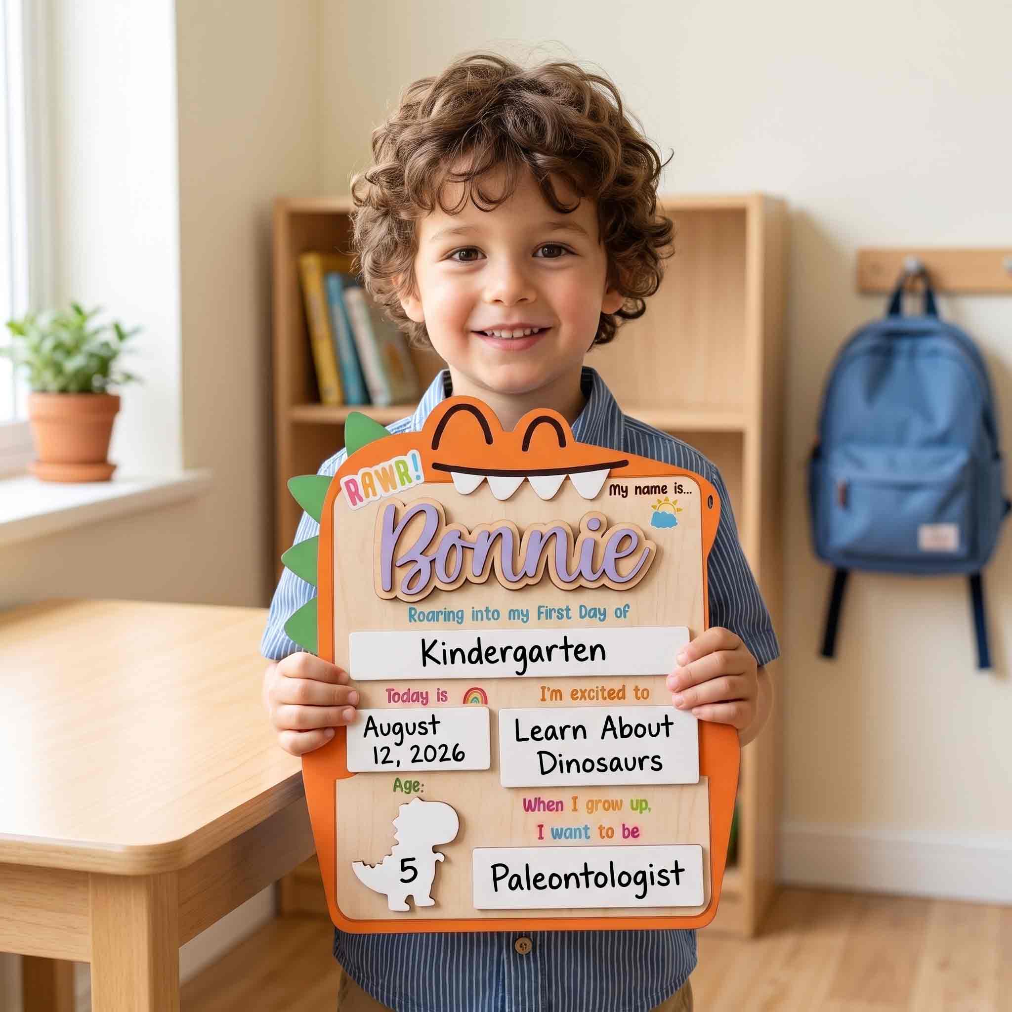 Personalized Cute Dinosaur First Day School Board, Reusable Dry Erase Board, Back to School Sign