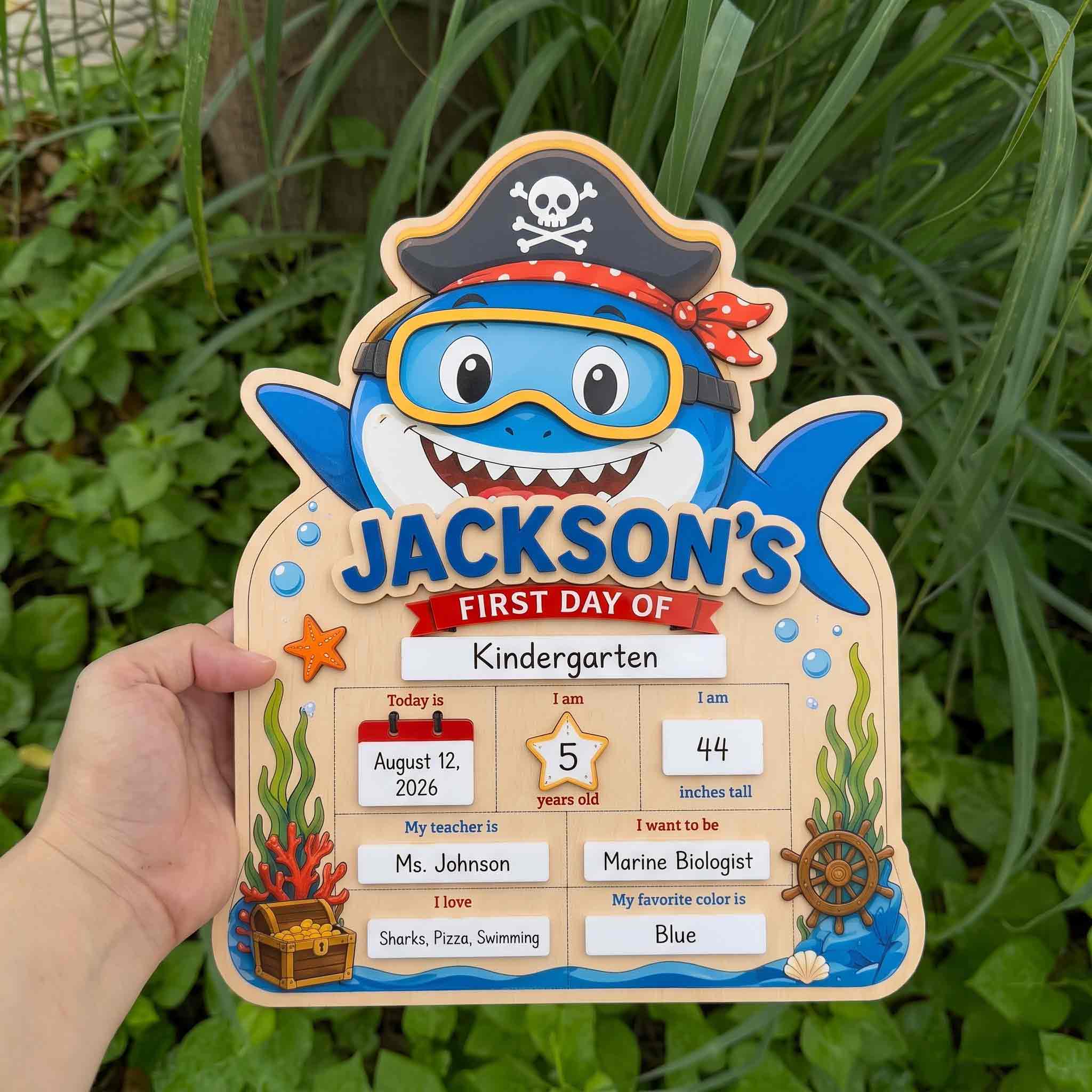 Personalized Cartoon Shark Theme First & Last Day School Sign, Reusable Dry Erase Board, Back to School Sign