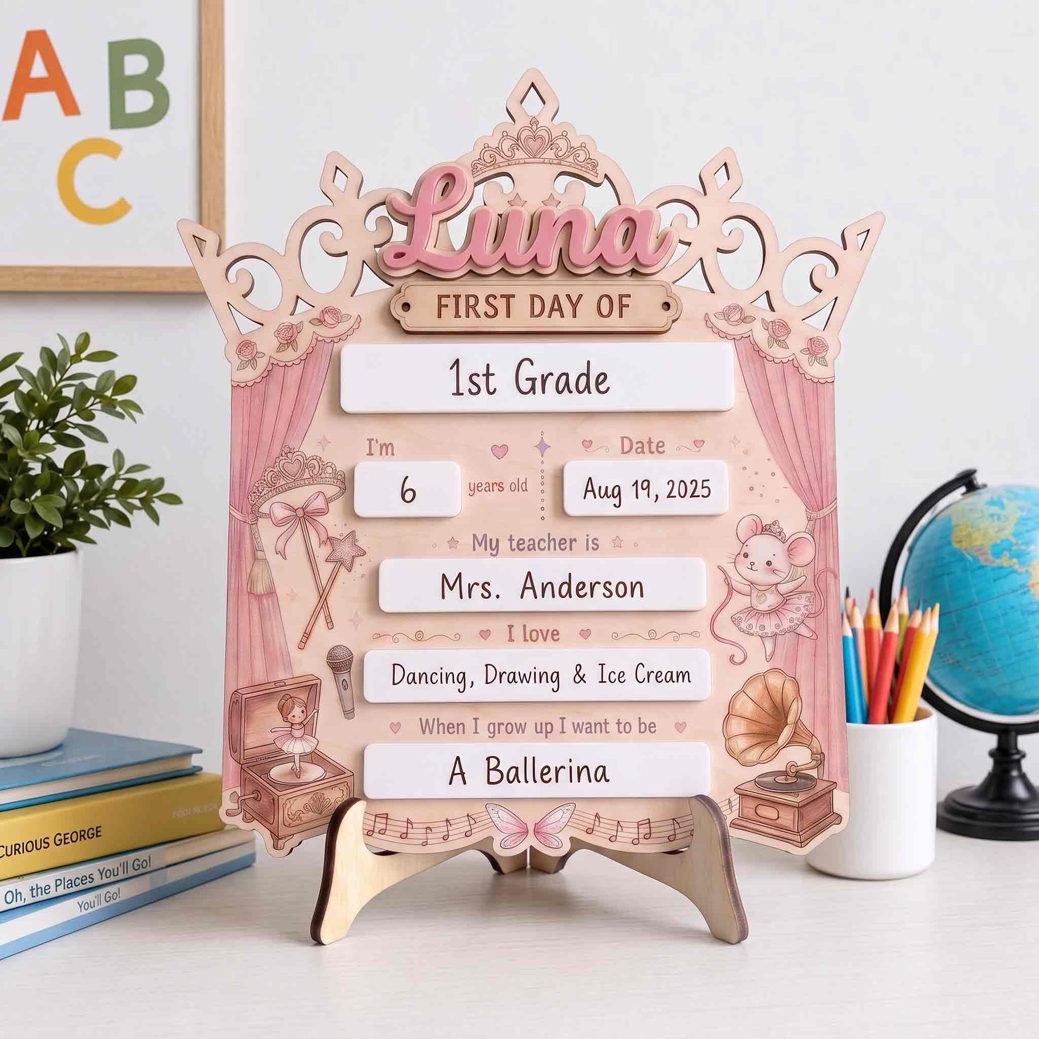 Personalized Princess Crown First Day School Board, Reusable Dry Erase Board, Back to School Sign