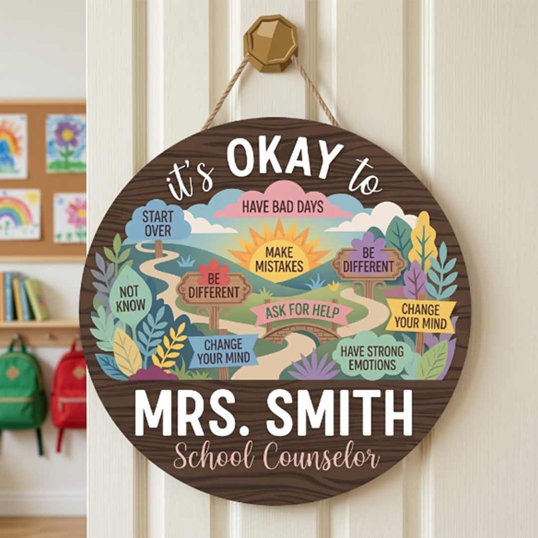 Personalized Teacher Name Wooden Sign Door Hanger It's Okay To Go School Counselor Sign Wooden Classroom Decor, Back to School Sign