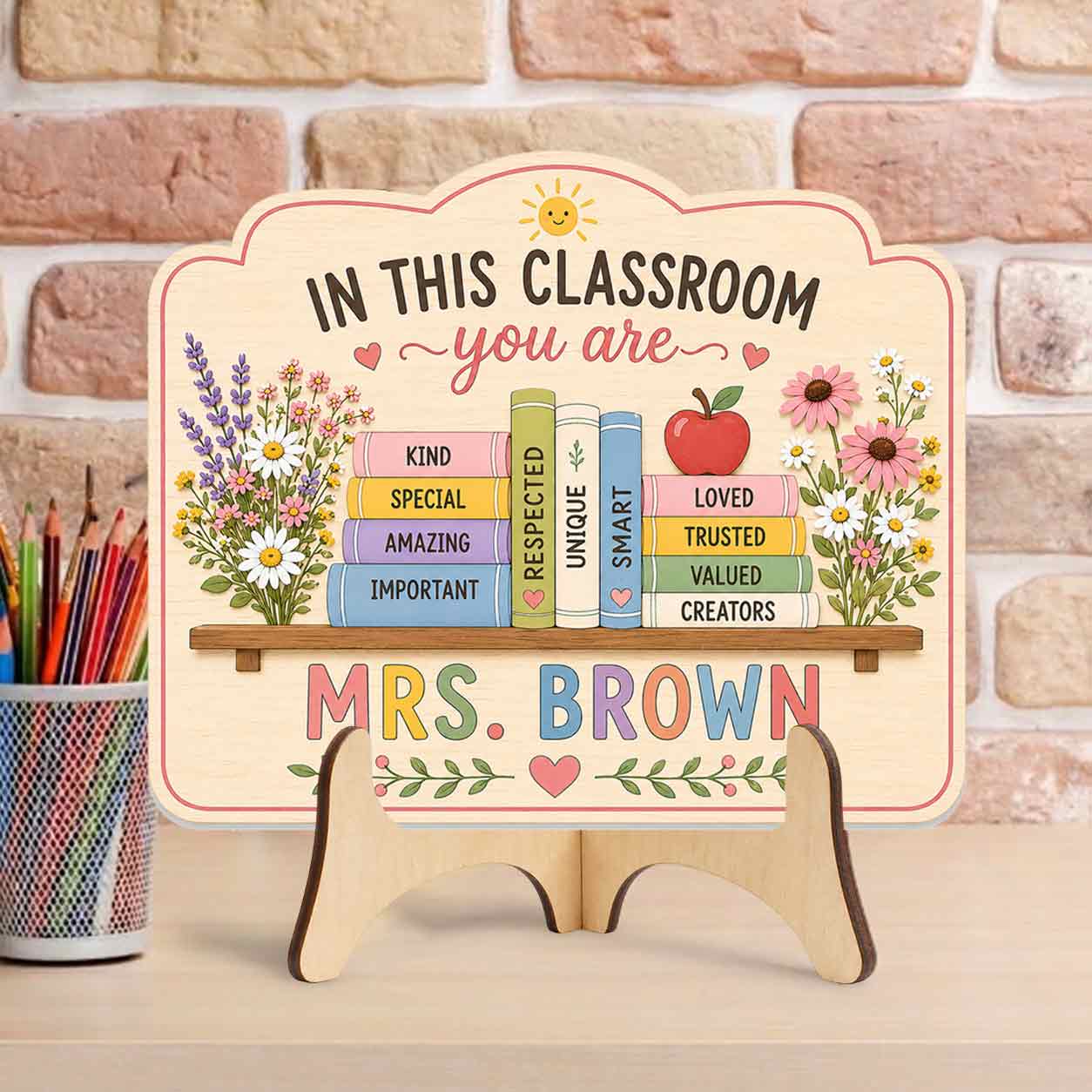 Personalized Flower Bird Teacher Name Wooden Sign Door Hanger Positive Affirmation Teacher Door Hanger Wooden Classroom Decor, Back to School Sign