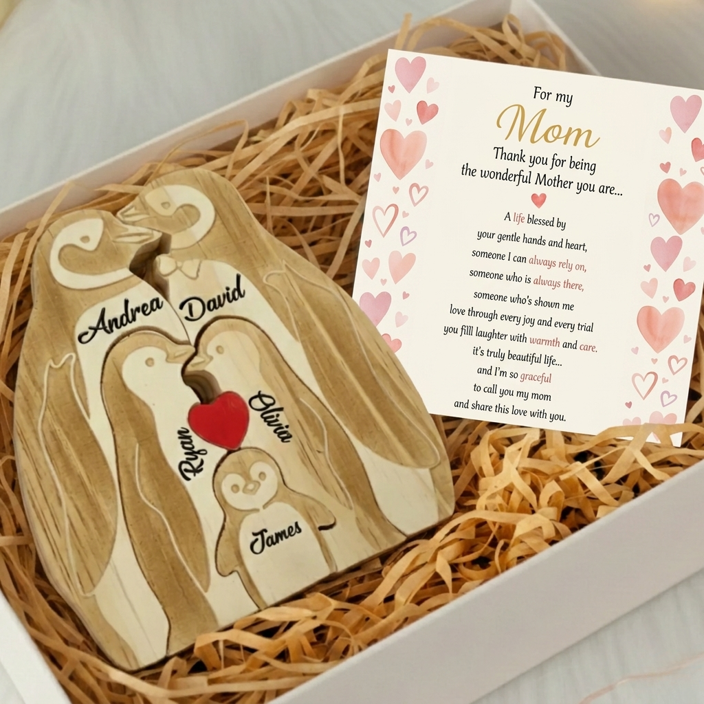 Personalized Penguin 4 Pieces Family Edition Custom Wooden Puzzle