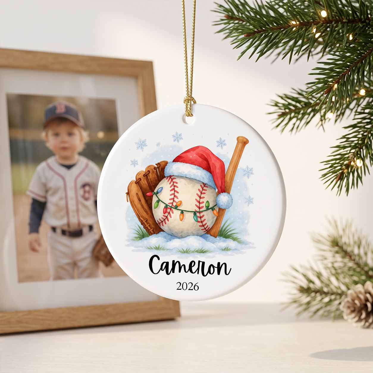 Baseball Christmas Santa Hat Custom Name 2026 Sports Kid Gift Round Ceramic Christmas Ornament